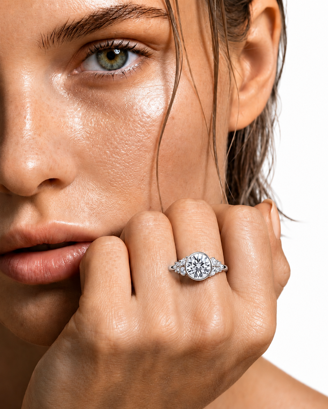 color_925_SIL,color_935_ARG,color_10K_WG, color_14K_WG &&A close-up lifestyle shot of a model wearing a silver-toned diamond engagement ring on her finger, with her hand resting near her chin against a clean white background.