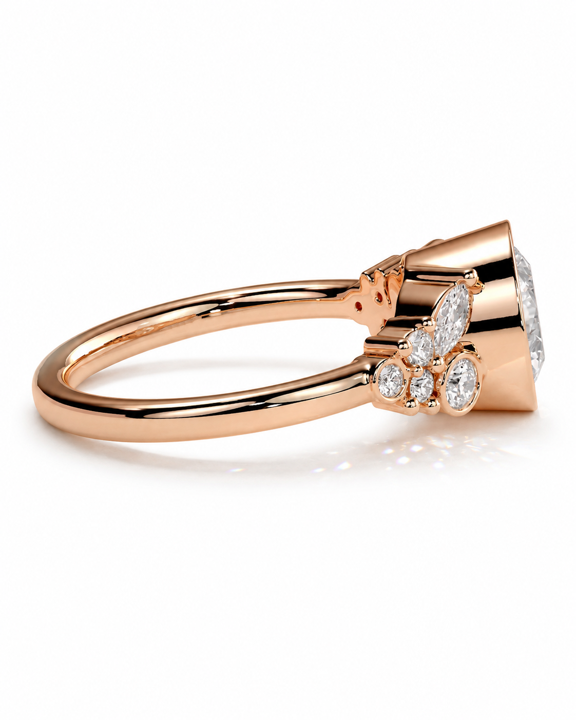 color_10K_RG, color_14K_RG &&A rose gold ring with a butterfly-shaped setting holding a large round diamond and smaller marquise and round diamonds, shown on a clean white background.