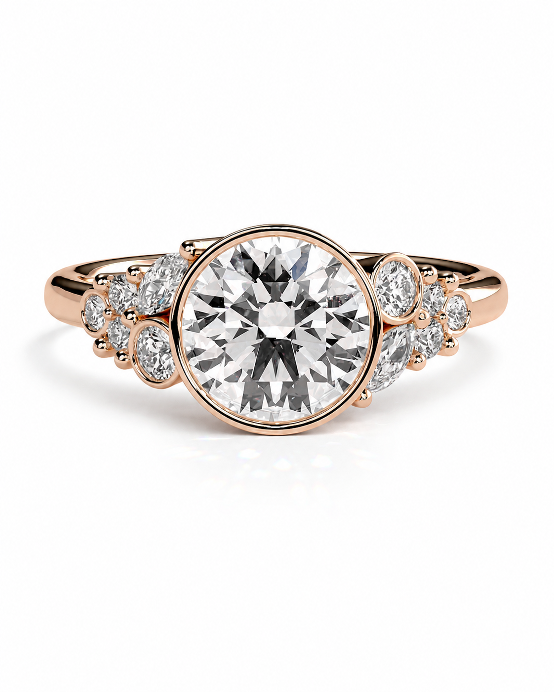 color_10K_RG, color_14K_RG &&A rose gold engagement ring featuring a large round-cut center stone and smaller accent stones along the shoulders, set against a clean white background.