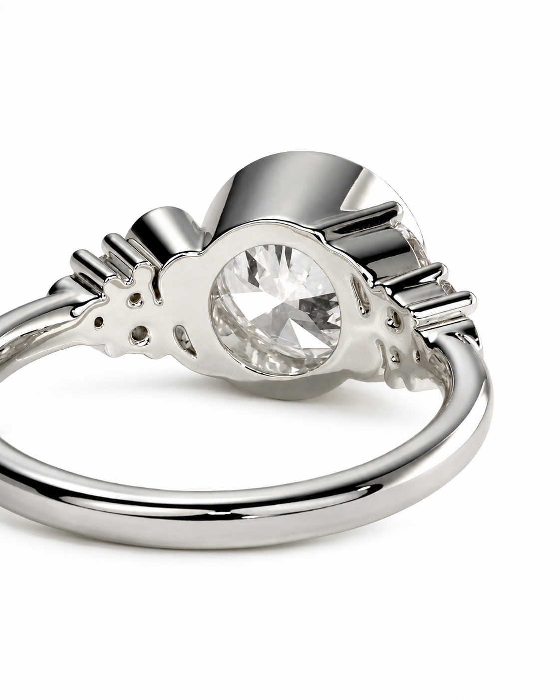 color_925_SIL,color_935_ARG,color_10K_WG, color_14K_WG &&A silver ring featuring a large round clear center stone and smaller baguette side stones, photographed on a clean white background.