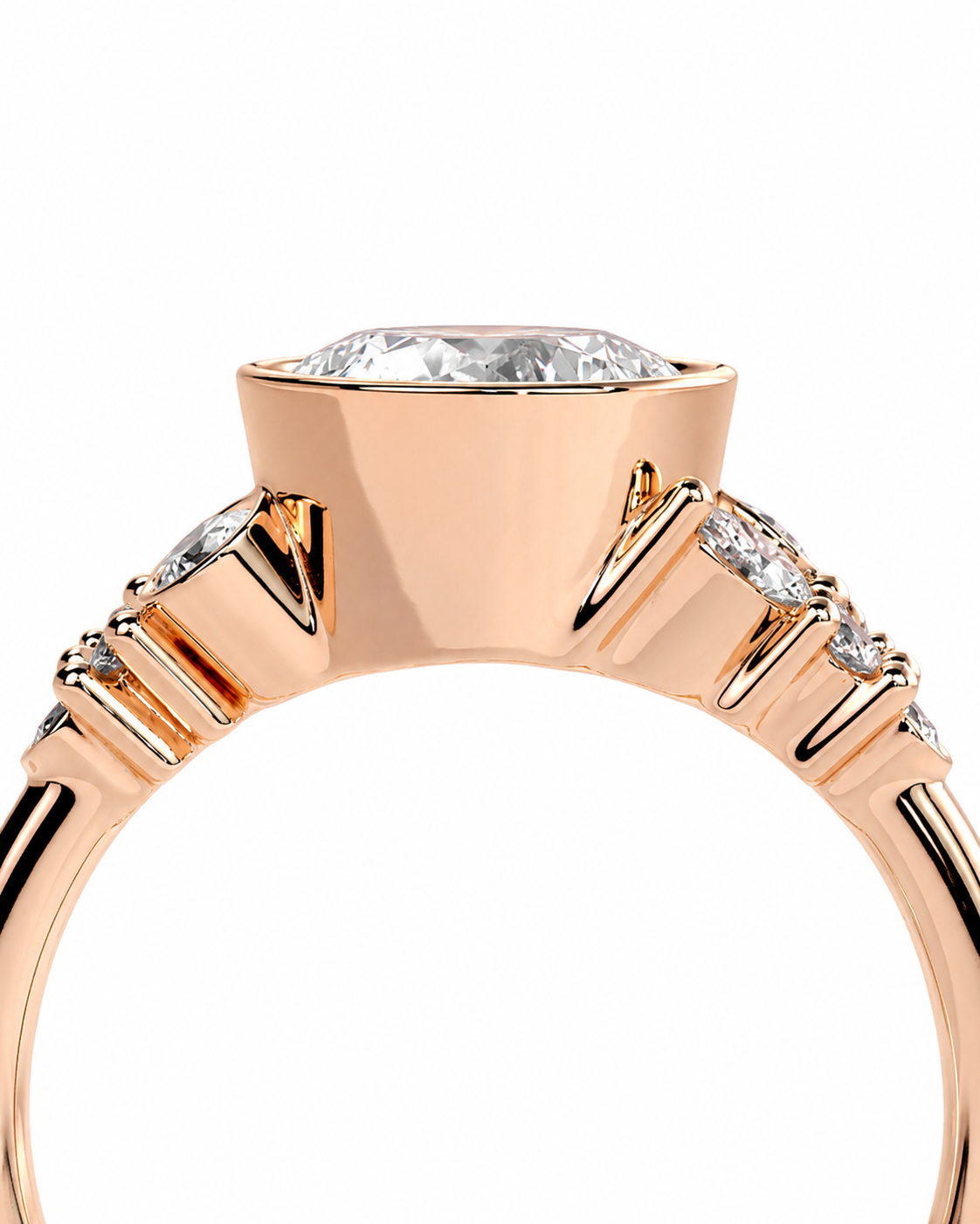 color_10K_RG, color_14K_RG &&Close-up of a rose gold ring with a large round-cut center stone and smaller accent stones on the shoulders, shown against a plain white background.