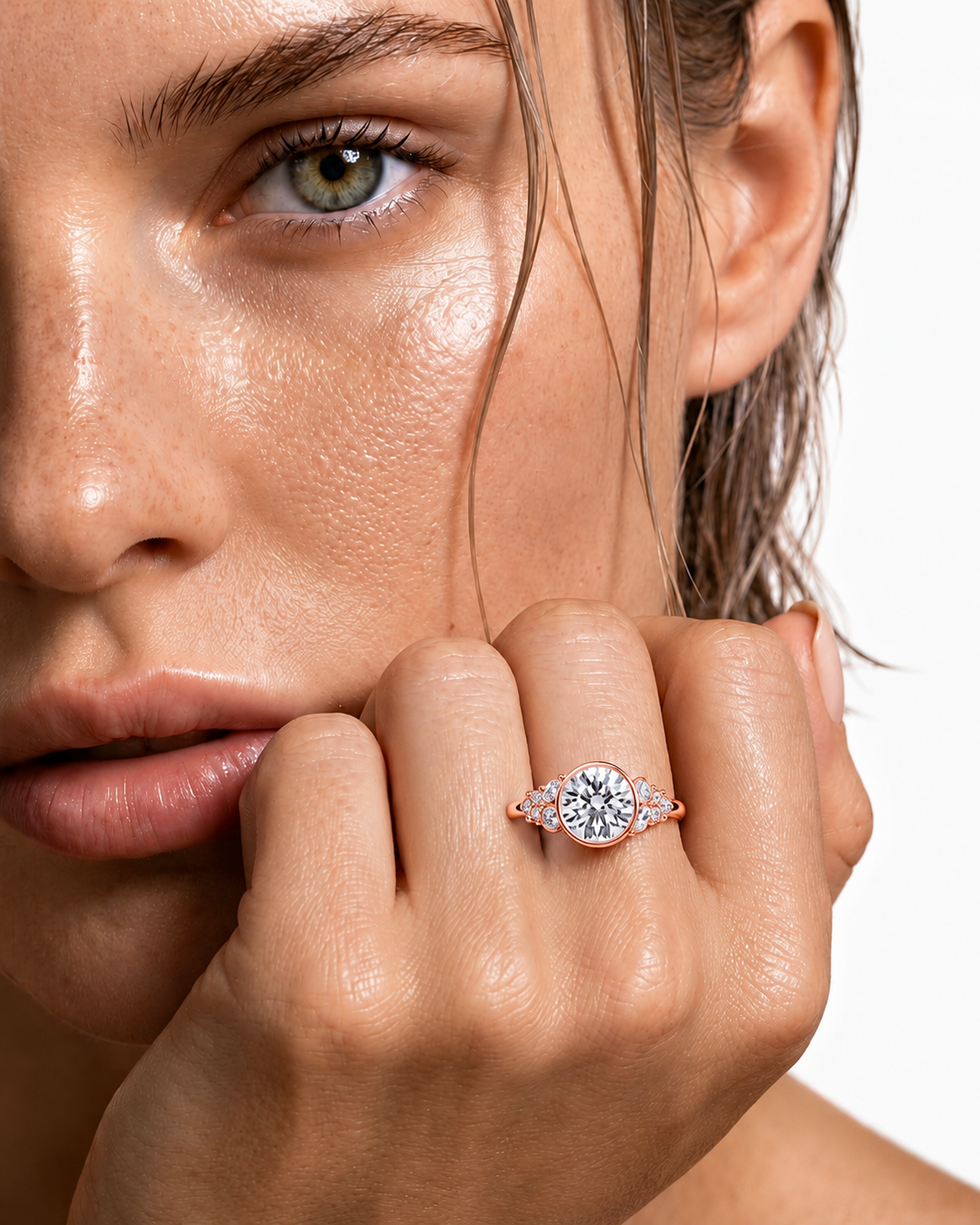color_10K_RG, color_14K_RG &&A close-up lifestyle shot of a model wearing a rose gold ring with a large round-cut center stone and small accent stones, resting on her finger against a clean white background.