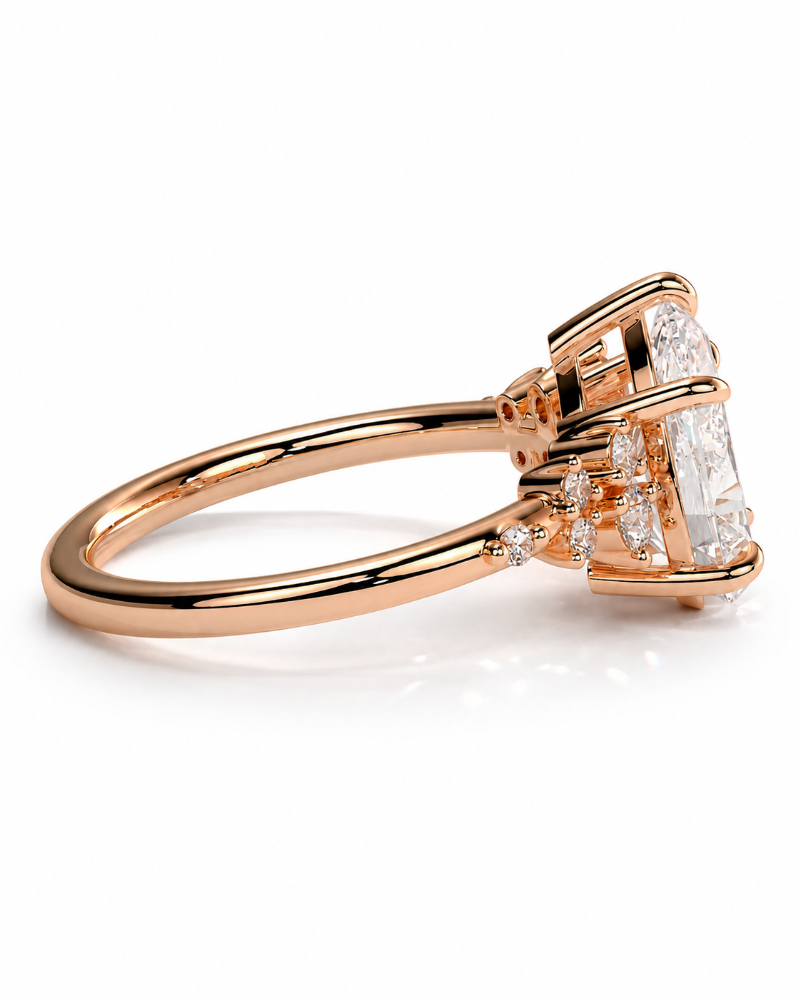 color_10K_RG, color_14K_RG &&A rose gold engagement ring featuring a large rectangular emerald-cut center stone and smaller accent diamonds, shown in a three-quarter view on a clean white background.