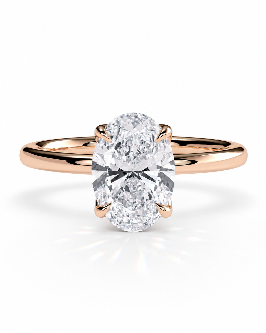 color_10K_RG, color_14K_RG &&An oval diamond engagement ring with a rose gold band, shown on a clean white background with a soft reflection.