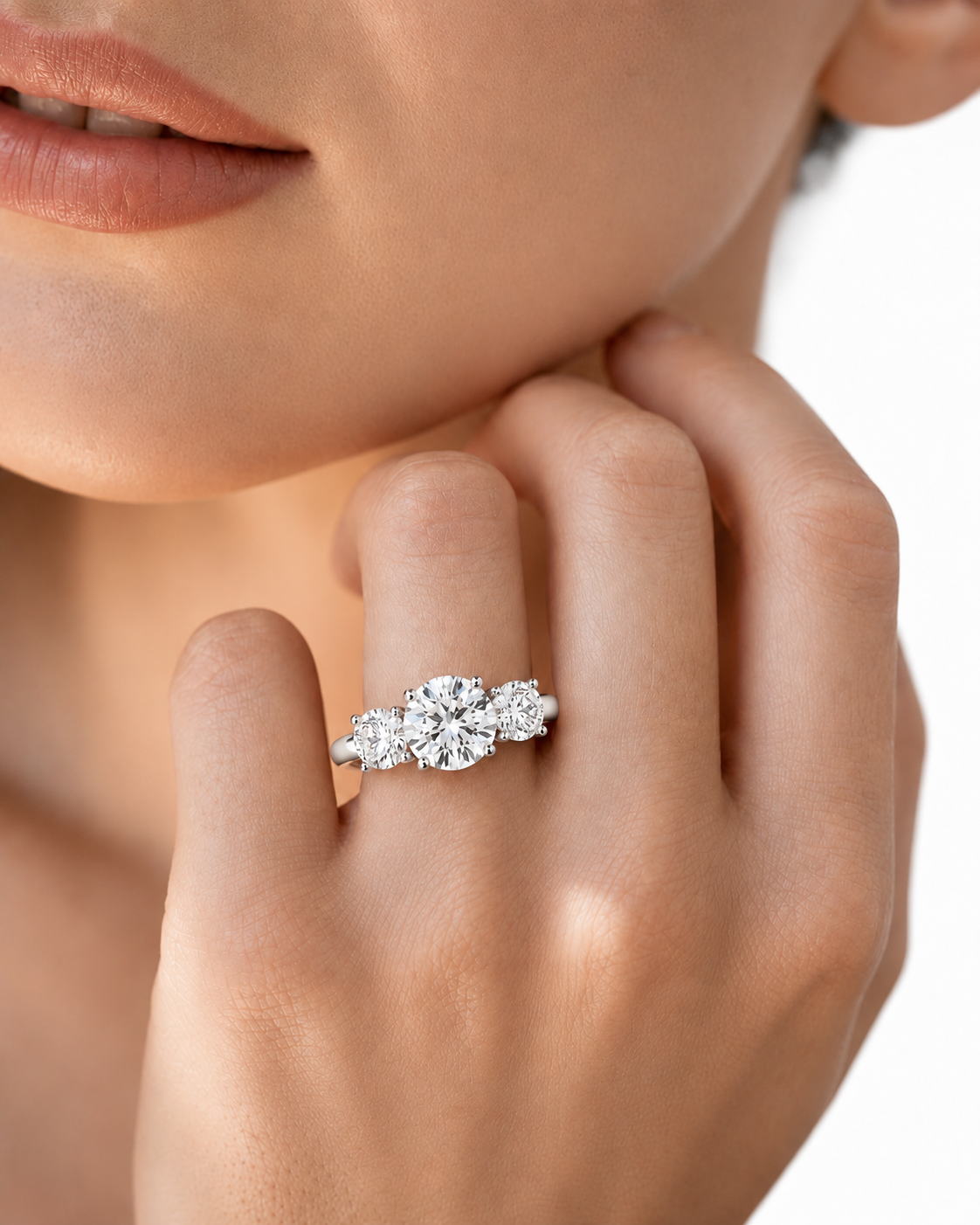 color_925_SIL,color_935_ARG,color_10K_WG, color_14K_WG &&A close-up lifestyle shot of a woman's hand wearing a three-stone diamond ring in a silver-colored setting, with her face partially visible in the frame.