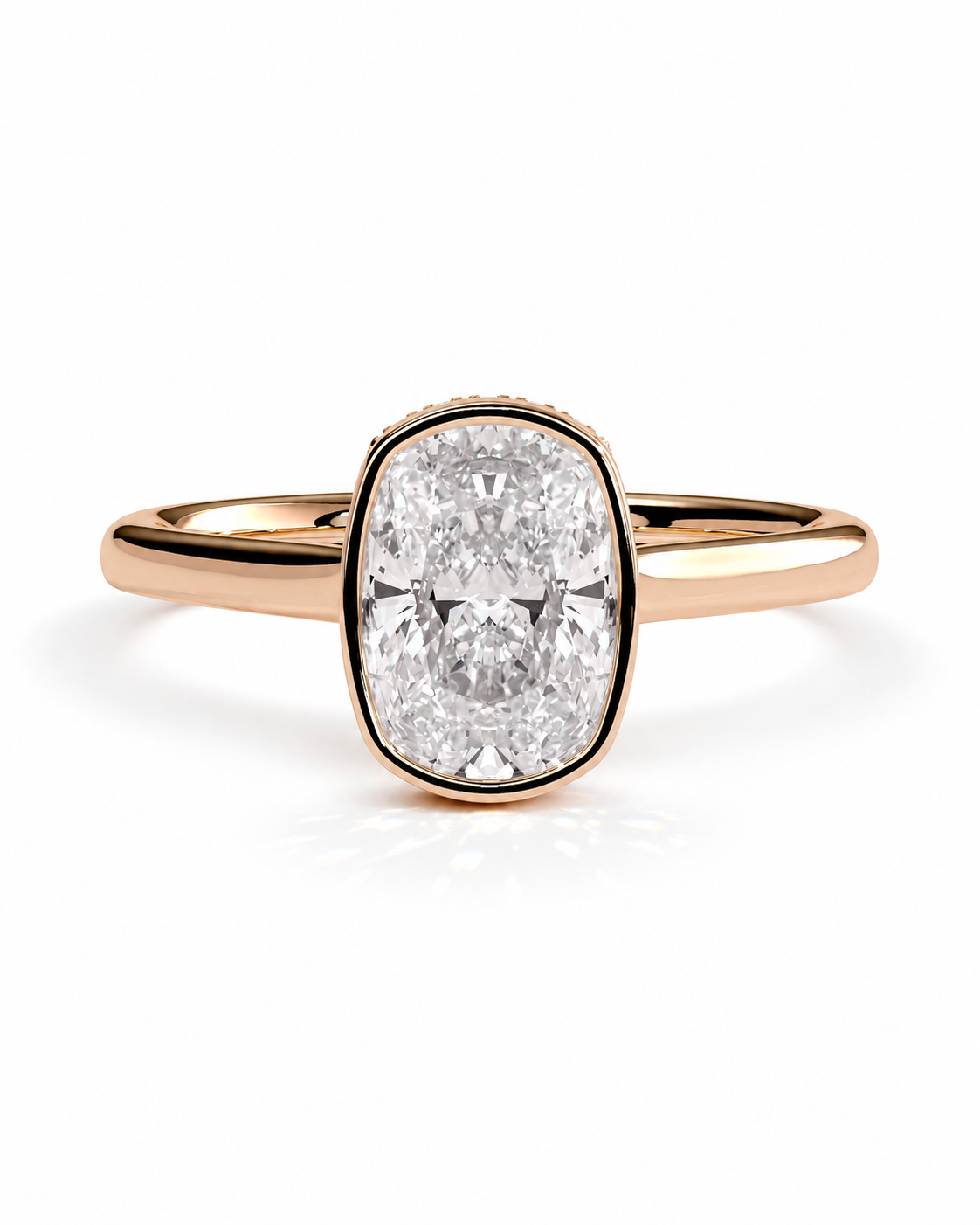 color_10K_RG, color_14K_RG &&A rose gold engagement ring featuring a cushion-cut diamond center stone in a bezel setting, shown on a clean white background.