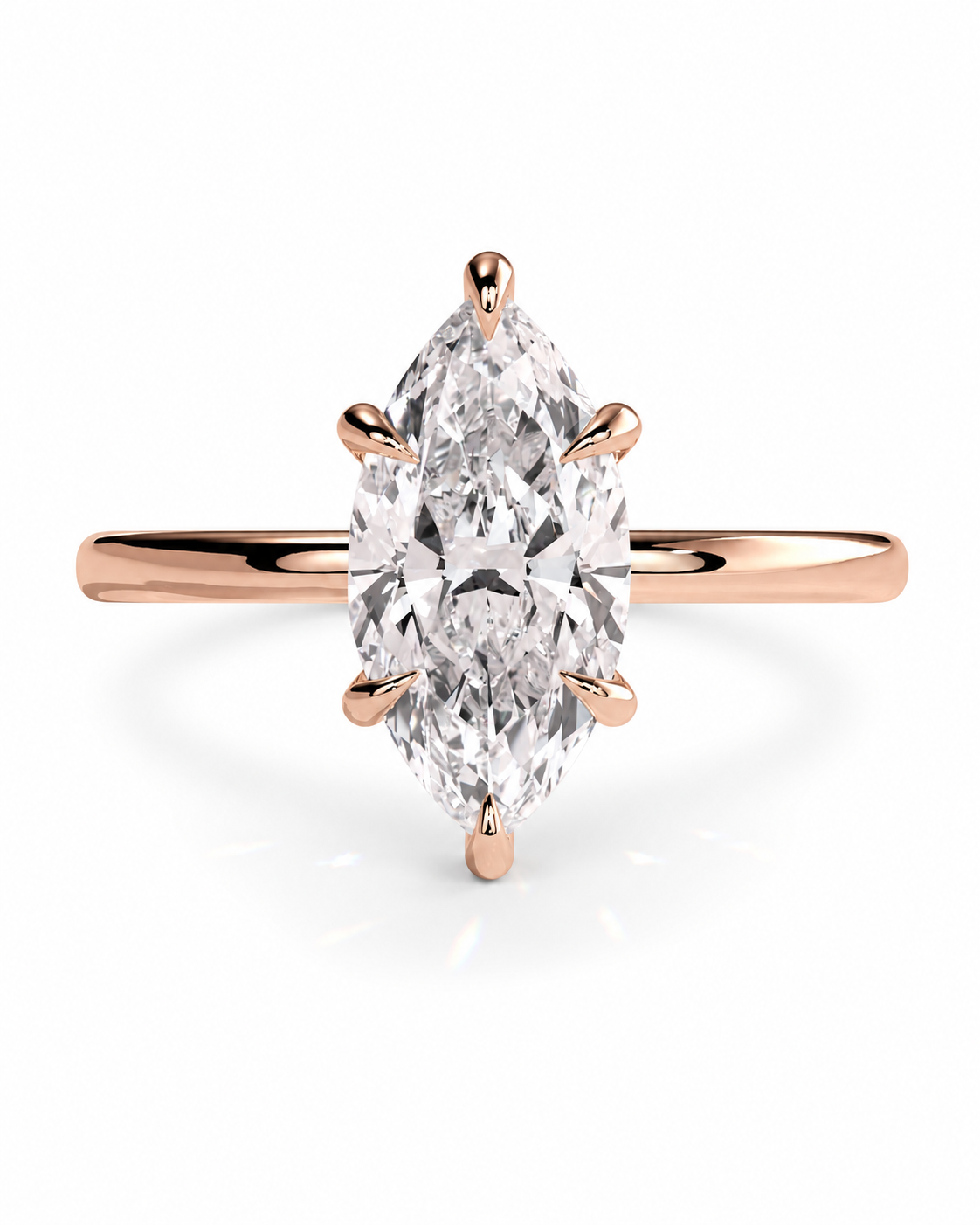 color_10K_RG, color_14K_RG &&A rose gold ring featuring a large marquise-cut diamond in a six-prong setting, shown against a clean white background.