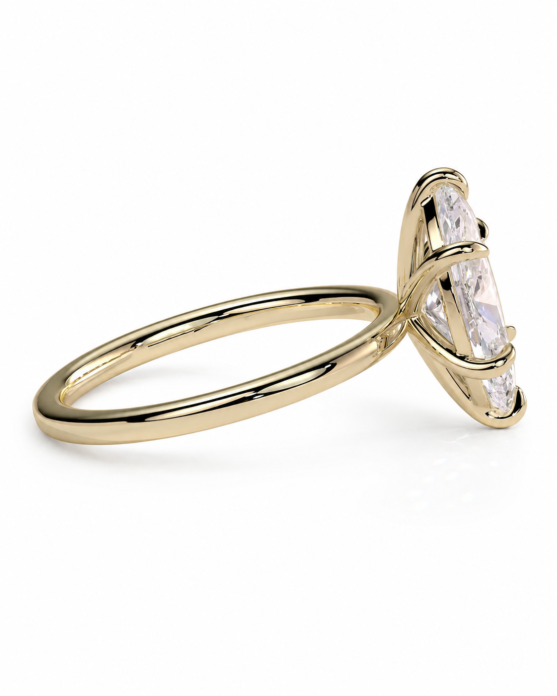 color_10K_YG, color_14K_YG &&A yellow gold ring featuring a unique three-stone cluster setting with marquise-cut clear gemstones, shown on a clean white background.