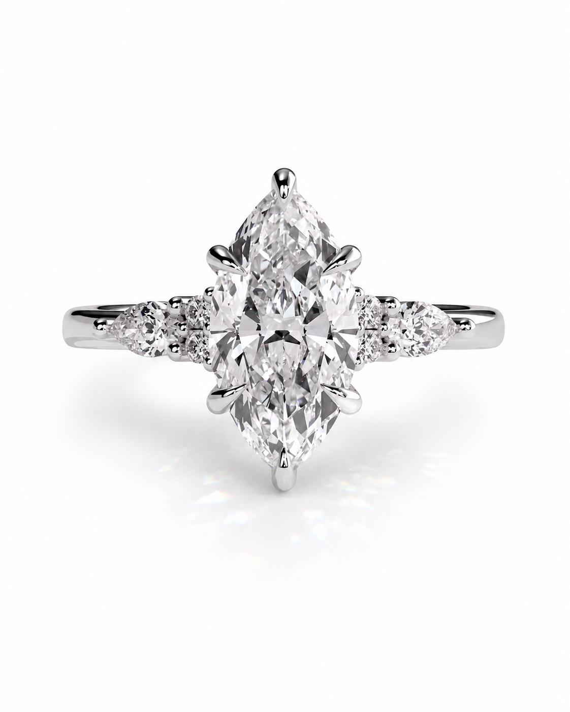 color_925_SIL,color_935_ARG,color_10K_WG, color_14K_WG &&A radiant cut diamond engagement ring with a silver-toned band and small accent diamonds on either side, shown on a clean white background.