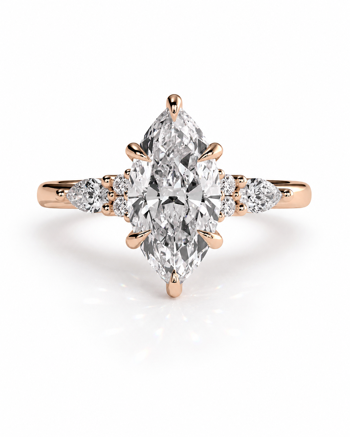 color_10K_RG, color_14K_RG &&Rose gold ring with a marquise-cut center diamond and smaller diamonds on the band, shown on a clean white background.