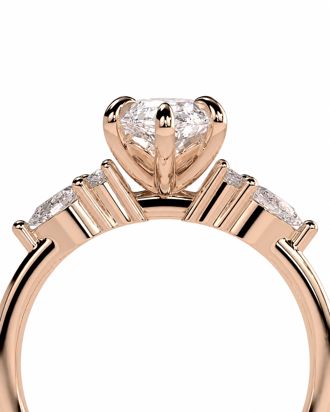 color_10K_RG, color_14K_RG &&Rose gold ring with a heart-shaped diamond center stone and smaller side diamonds, shown in a close-up studio shot on a white background.