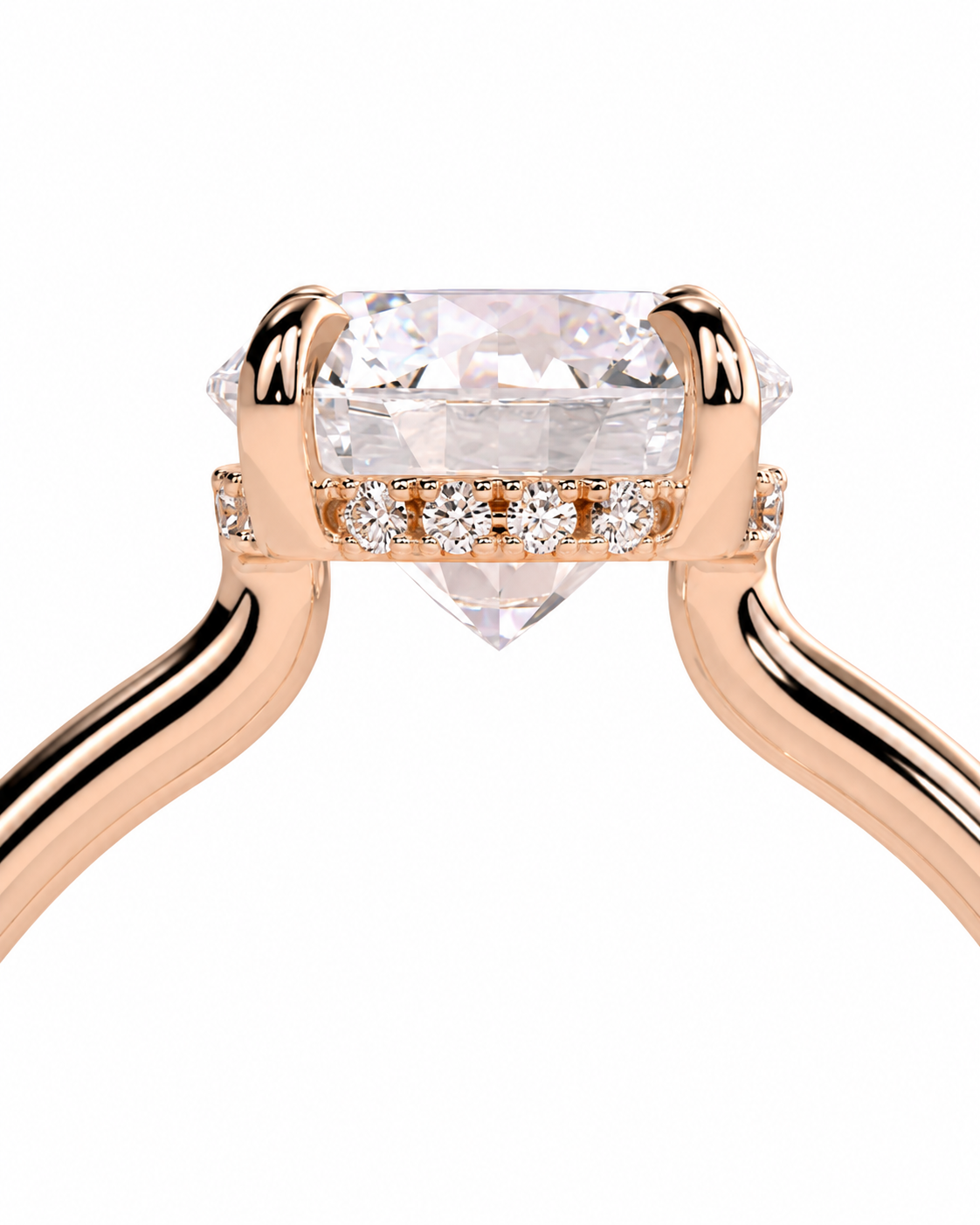 color_10K_RG, color_14K_RG &&A close-up of a rose gold engagement ring featuring a large rectangular clear center stone and a row of small round diamonds along the band, set against a plain white background.