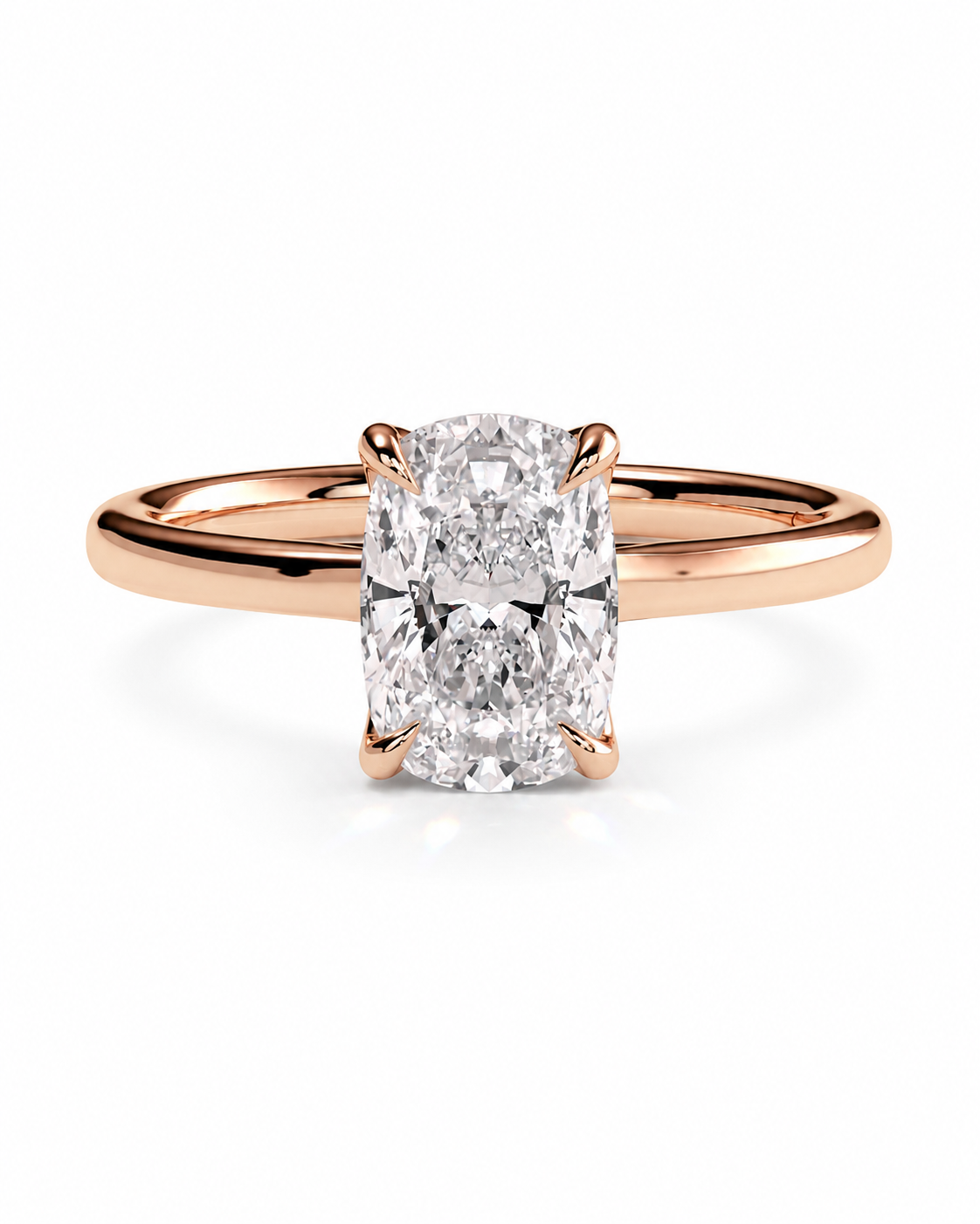 color_10K_RG, color_14K_RG &&A rose gold engagement ring featuring a large oval-cut diamond center stone in a four-prong setting, shown on a clean white background.