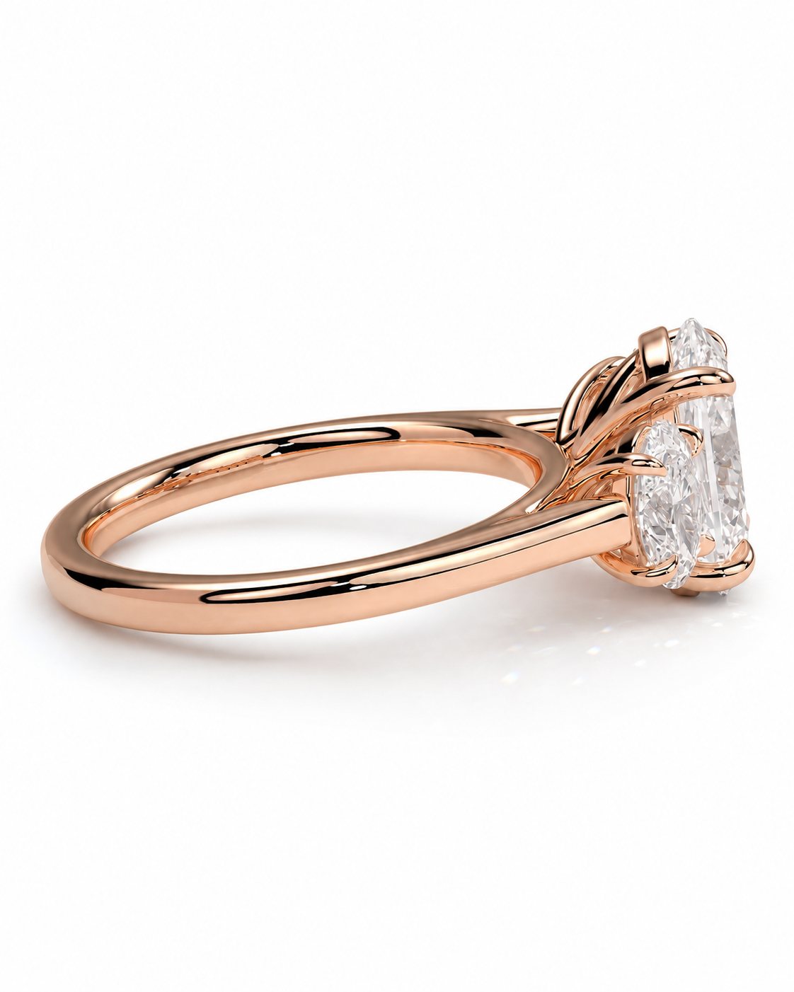 color_10K_RG, color_14K_RG &&A rose gold solitaire engagement ring with a large emerald-cut diamond, shown in a three-quarter side view on a clean white background.