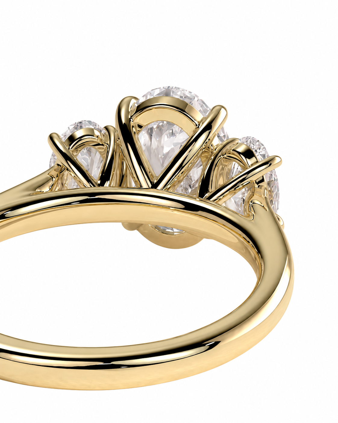 color_10K_YG, color_14K_YG &&A close-up of a yellow gold ring featuring three marquise-cut clear gemstones in a fan-like setting, shown against a plain white background.