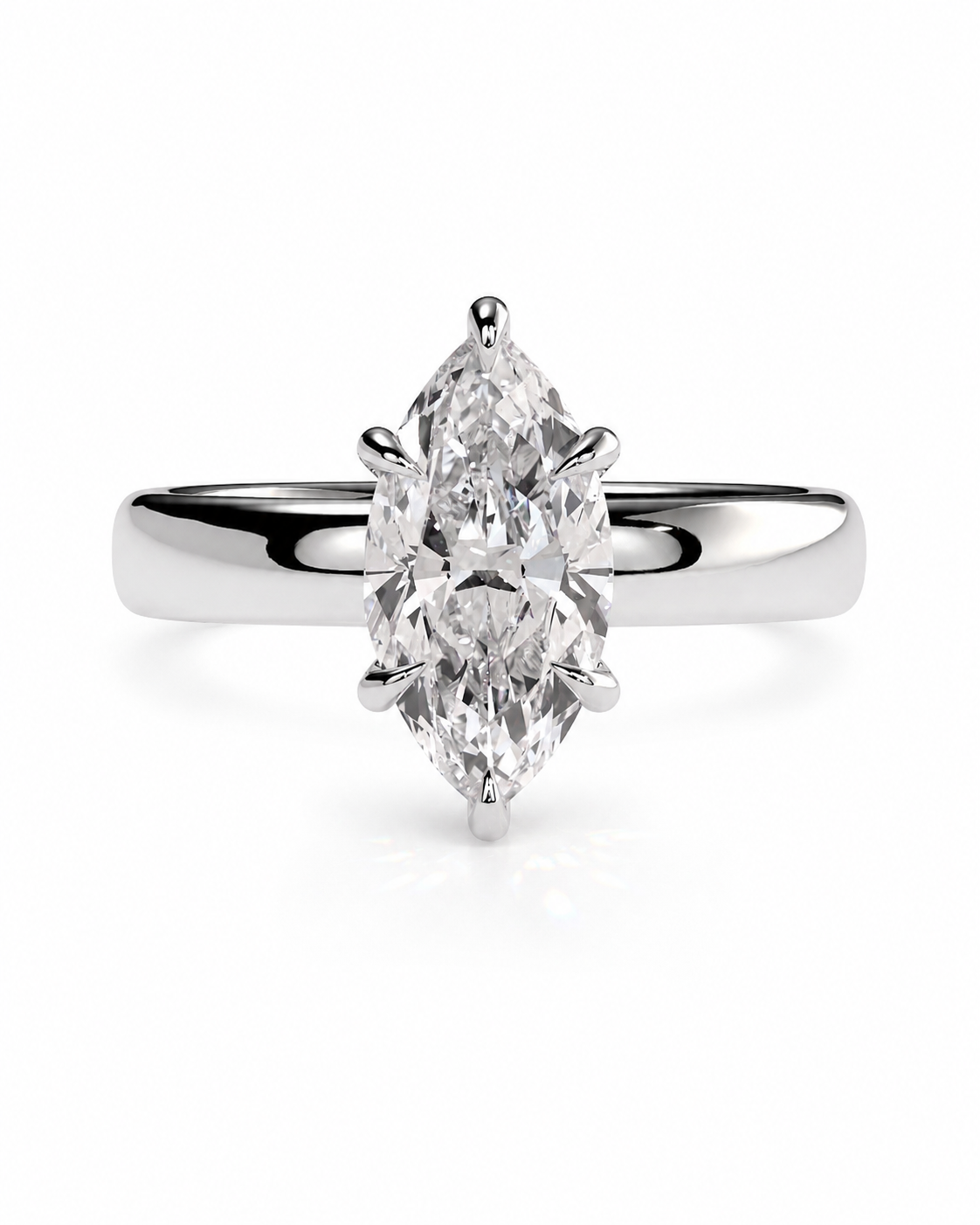 color_925_SIL,color_935_ARG,color_10K_WG, color_14K_WG &&A classic marquise-cut diamond engagement ring in a polished white gold or platinum band, centered on a clean white background.