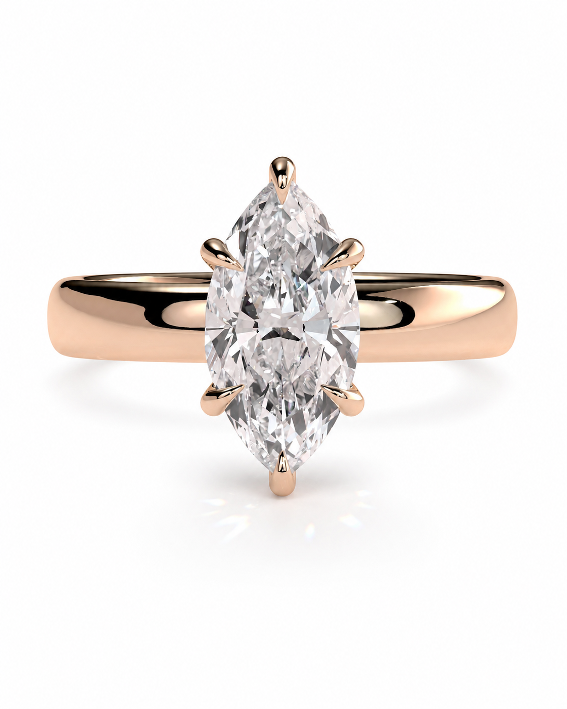 color_10K_RG, color_14K_RG &&A rose gold ring featuring a large marquise-cut diamond center stone in a four-prong setting, shown on a clean white background.