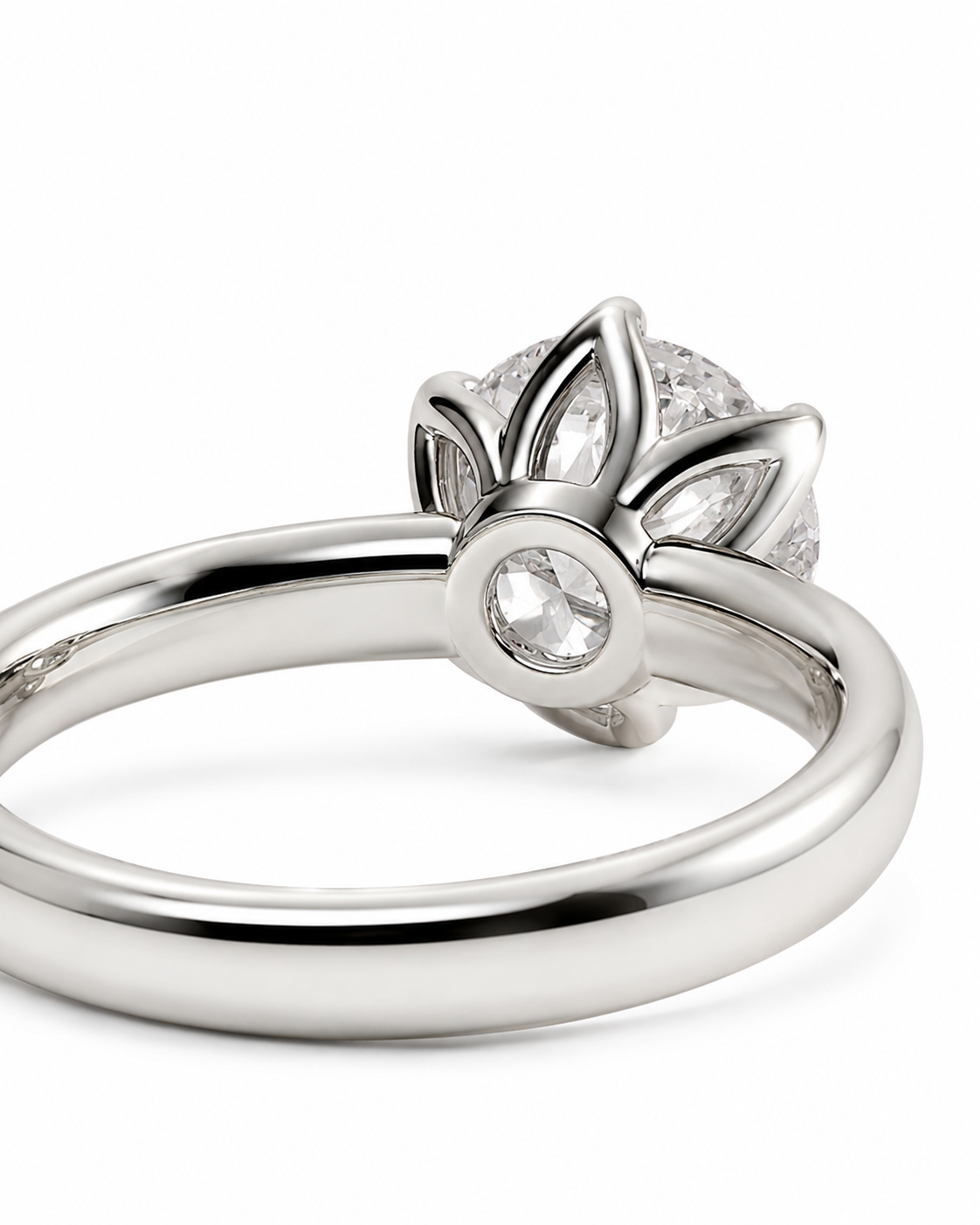 color_925_SIL,color_935_ARG,color_10K_WG, color_14K_WG &&A close-up studio shot of a silver-toned ring with a lotus-inspired floral crown setting and clear gemstones, shown on a plain white background.