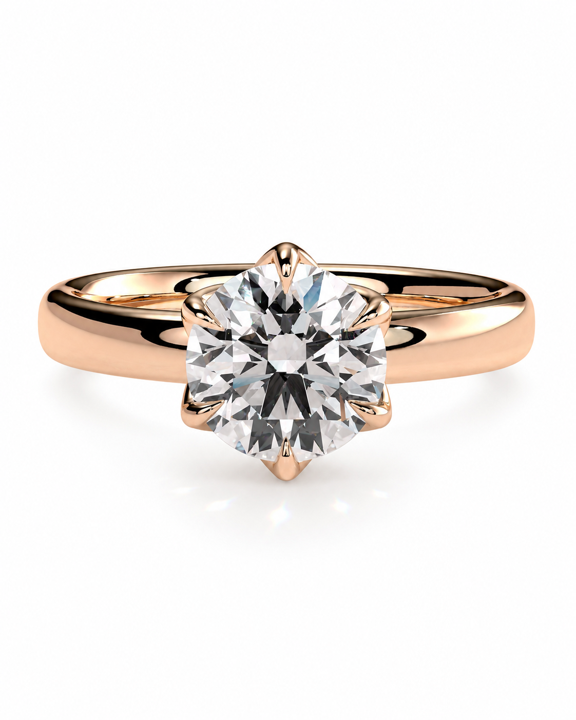 color_10K_RG, color_14K_RG &&A rose gold solitaire engagement ring with a brilliant round-cut diamond center stone, shown on a clean white background.