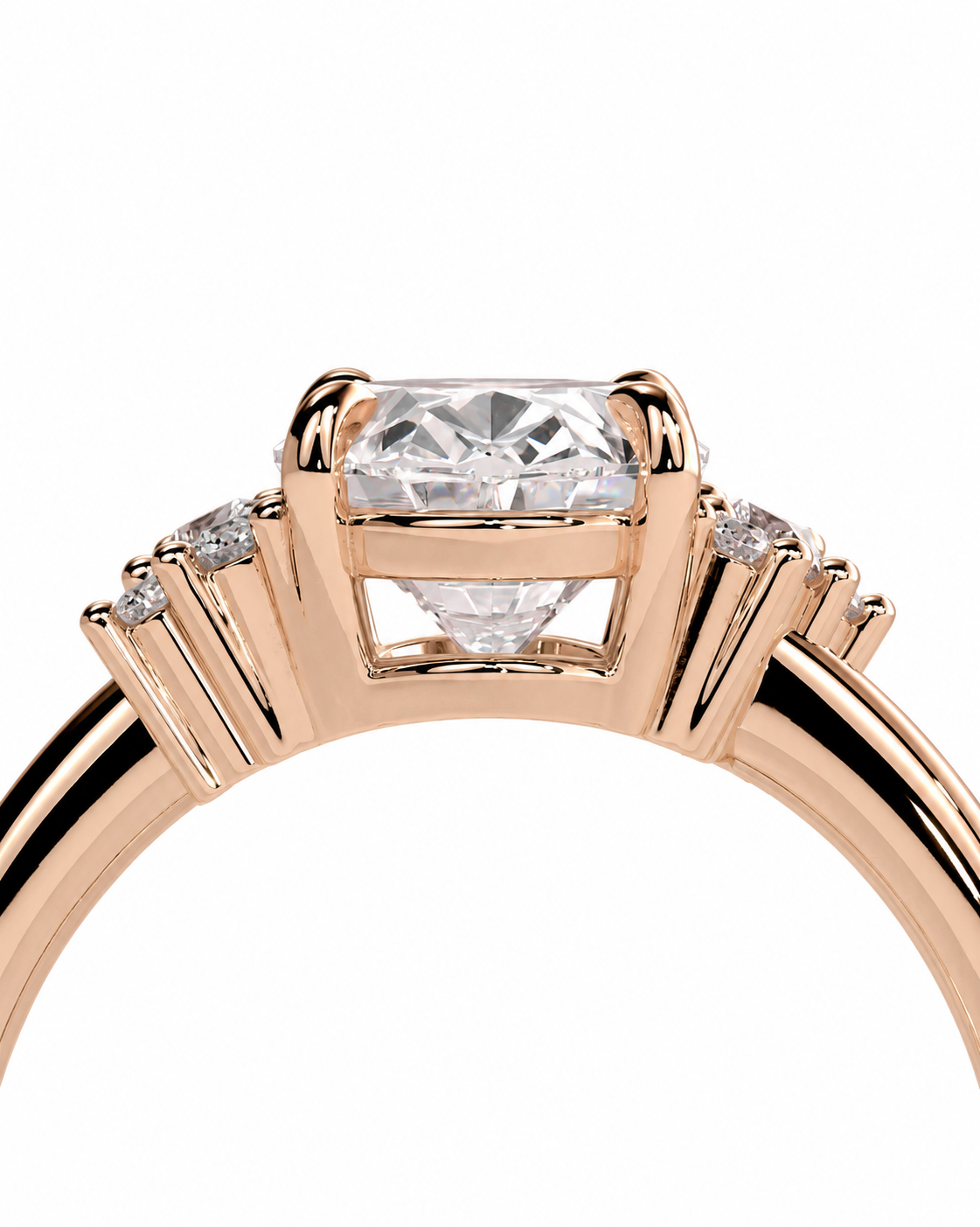 color_10K_RG, color_14K_RG &&A close-up of a rose gold engagement ring featuring a rectangular clear center stone and small side stones on a white background.