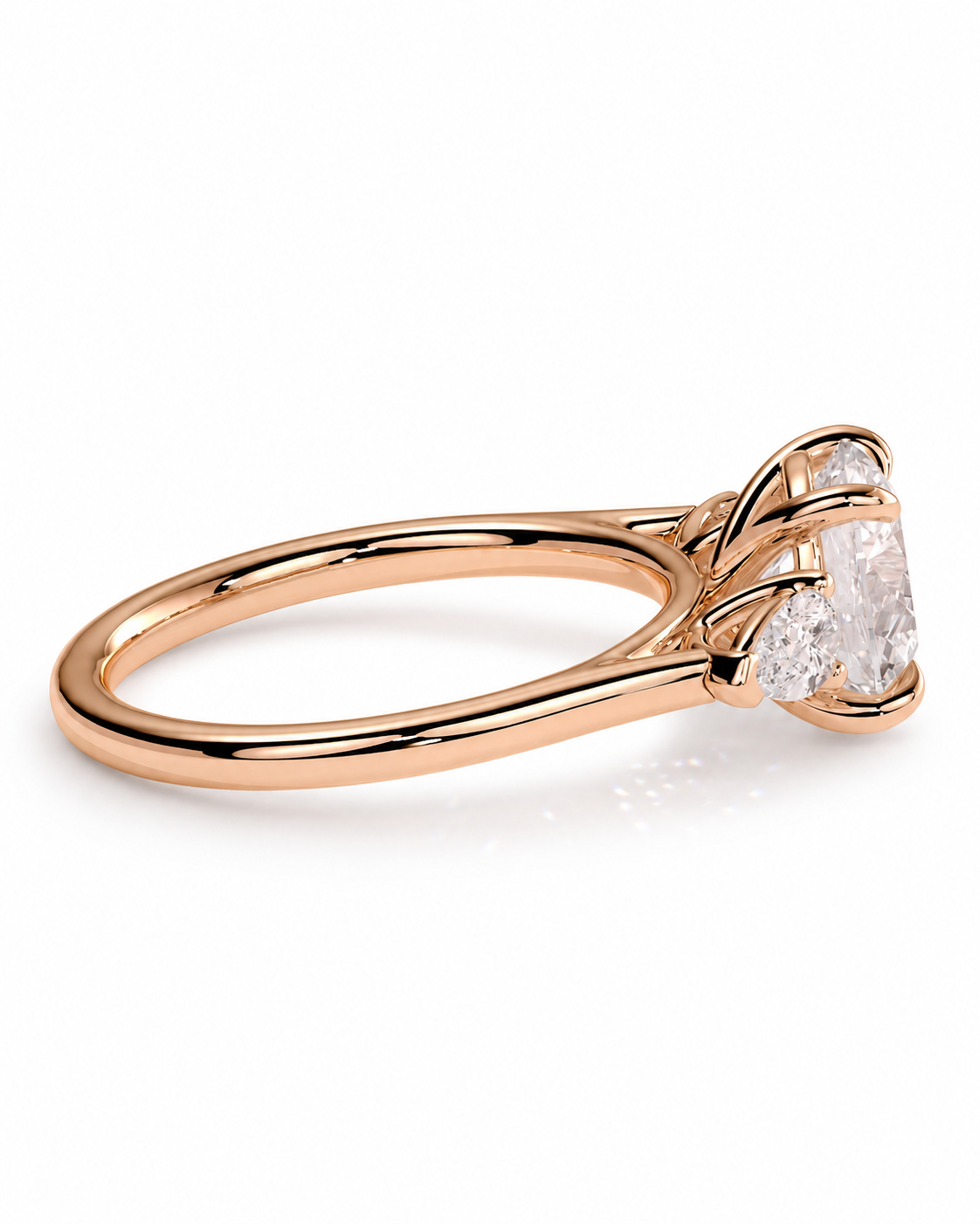 color_10K_RG, color_14K_RG &&A rose gold engagement ring featuring a large oval-cut clear gemstone in a prong setting, shown on a clean white background.