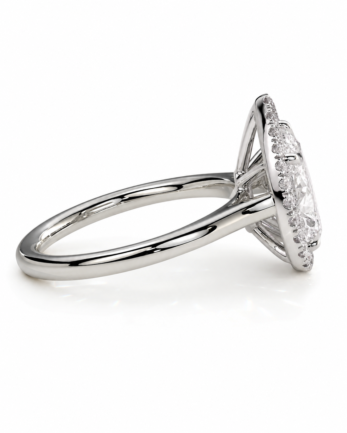 color_925_SIL,color_935_ARG,color_10K_WG, color_14K_WG &&A silver-toned diamond ring with a large oval center stone and a halo of smaller diamonds, shown in a three-quarter side view on a white background.