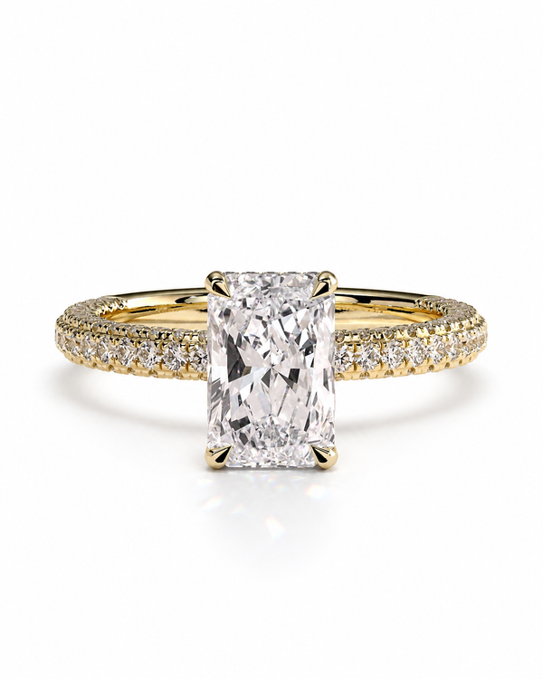 color_10K_YG, color_14K_YG &&A yellow gold engagement ring featuring a large rectangular radiant-cut diamond center stone and a pavé-set diamond band, shown on a clean white background.