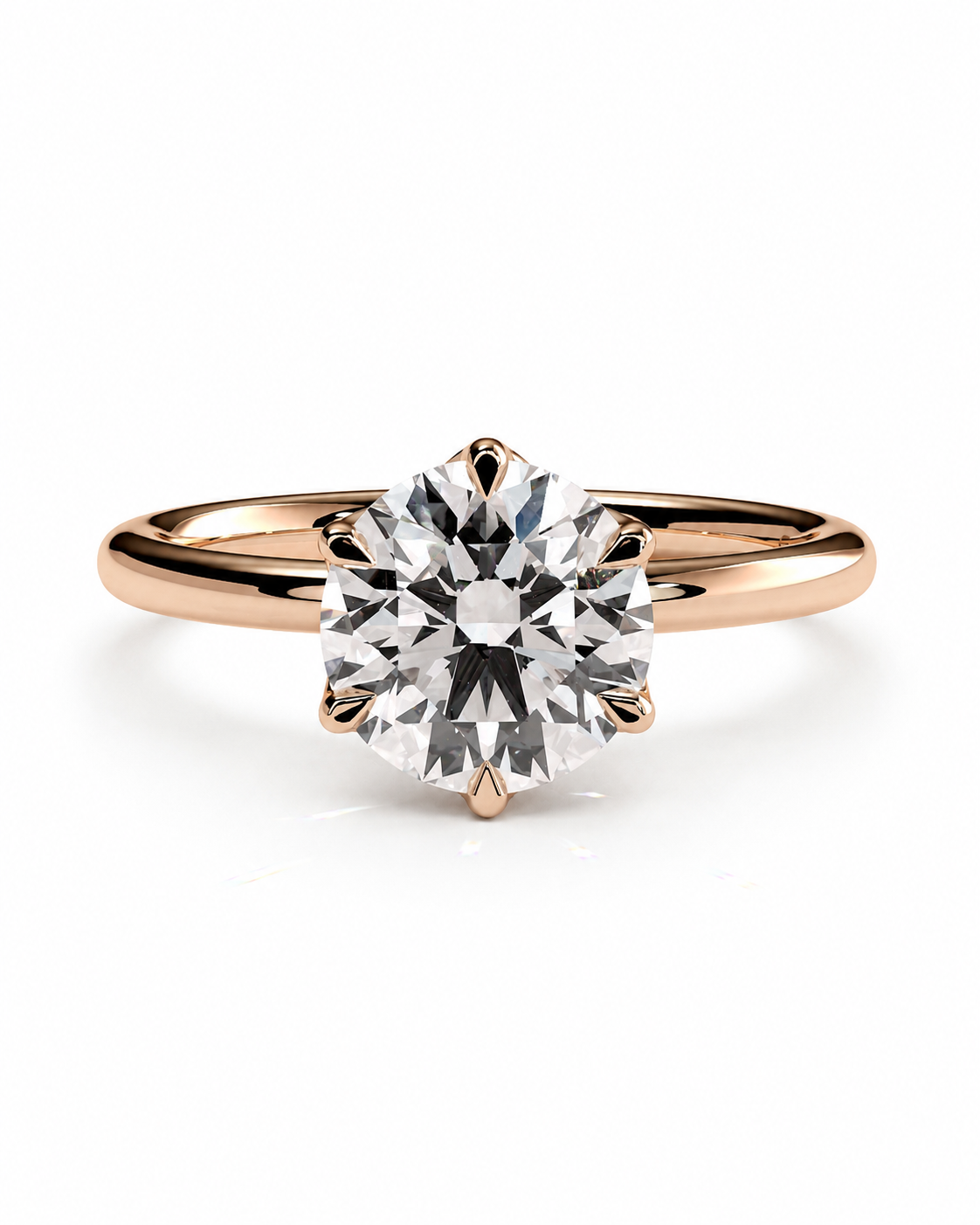 color_10K_RG, color_14K_RG &&A classic solitaire engagement ring featuring a round brilliant-cut diamond set in a rose gold six-prong setting on a polished rose gold band, shown against a clean white background.