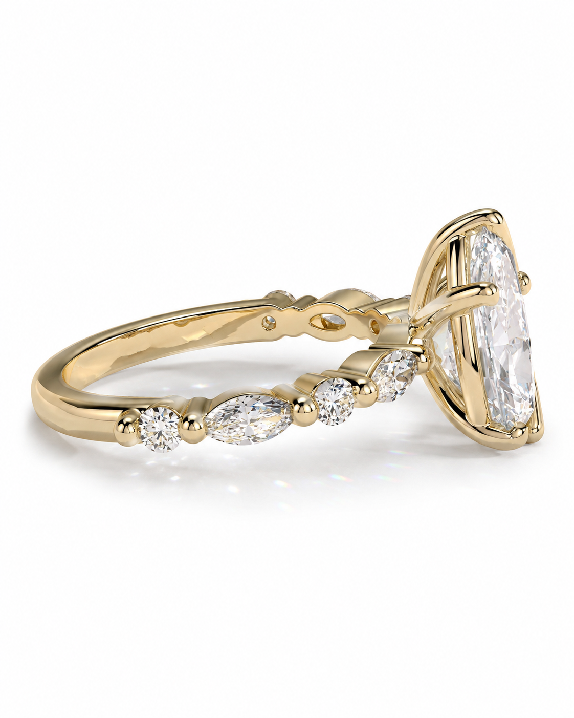 color_10K_YG, color_14K_YG &&A yellow gold ring featuring a large marquise-cut clear center stone and a row of smaller marquise and round stones along the band, shown on a clean white background.