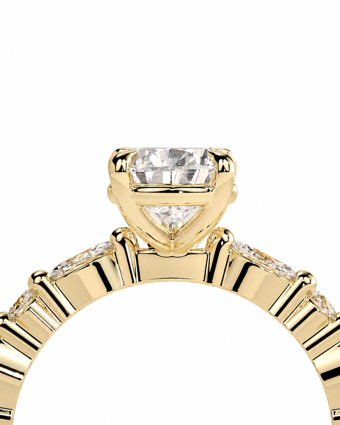 color_10K_YG, color_14K_YG &&A close-up of a yellow gold ring featuring a large heart-shaped clear gemstone in a prong setting, with smaller side stones along the band, shown against a plain white background.