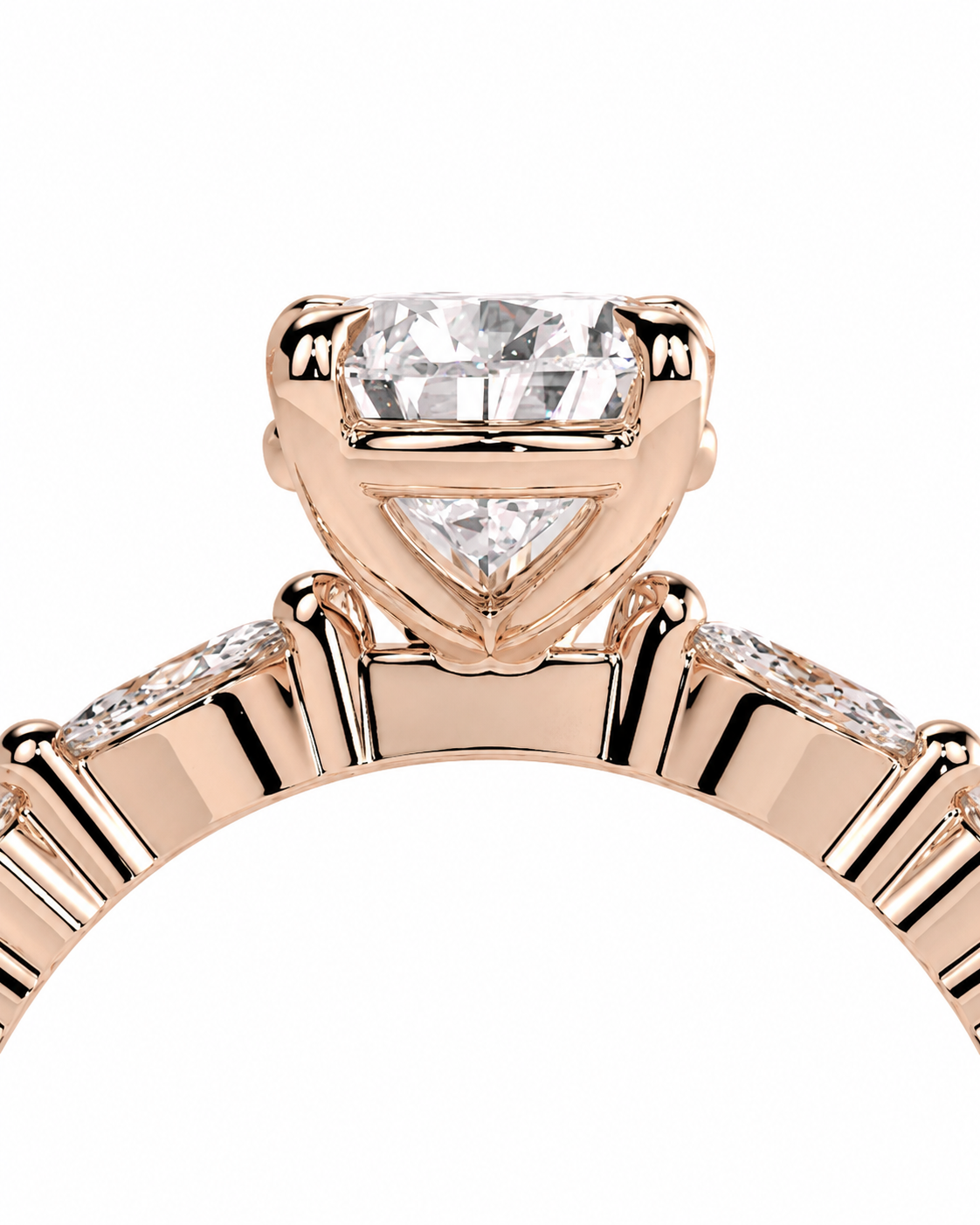 color_10K_RG, color_14K_RG &&Rose gold solitaire engagement ring with a triangular-cut clear center stone and small side stones on a white background.