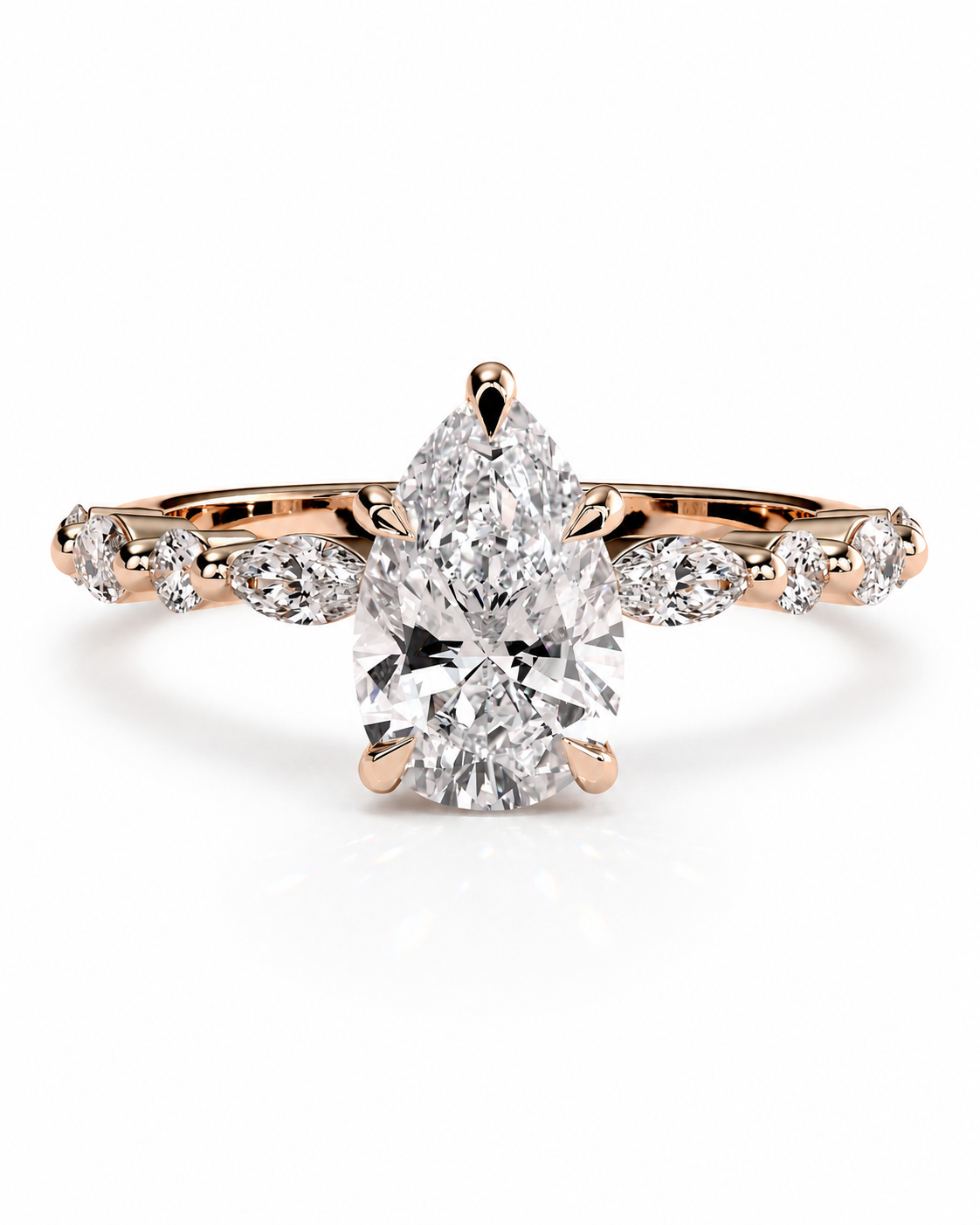 color_10K_RG, color_14K_RG &&A rose gold engagement ring featuring a large pear-cut center diamond with smaller round and marquise-cut diamonds along the shoulders, set against a clean white background.