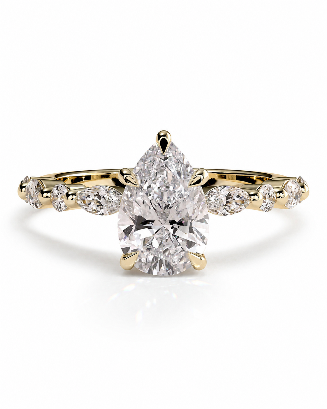 color_10K_YG, color_14K_YG &&A yellow gold ring featuring a large pear-cut center diamond with smaller marquise and round diamonds set along the shoulders, shown on a clean white background.