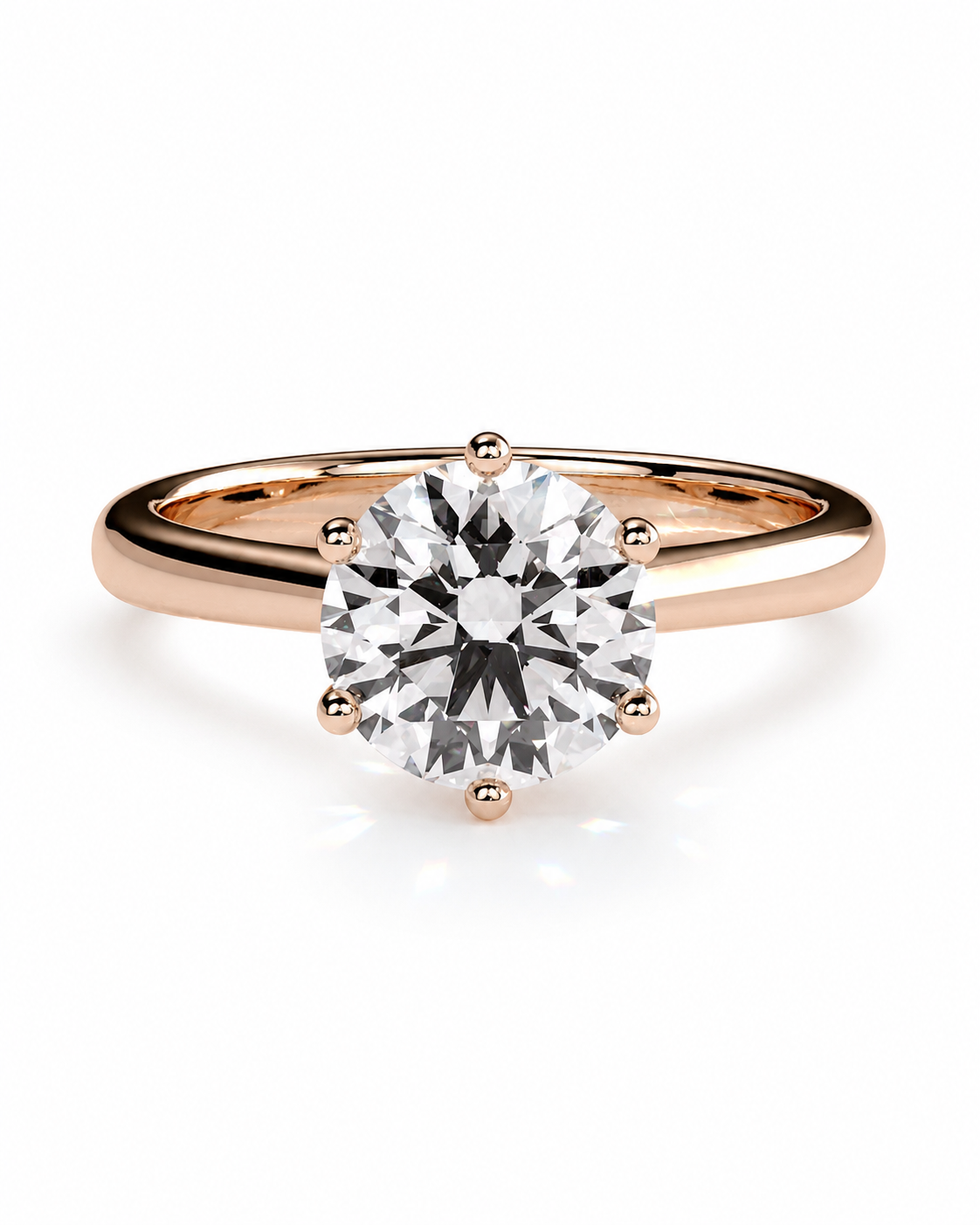 color_10K_RG, color_14K_RG &&A classic solitaire engagement ring featuring a round brilliant-cut diamond set in a polished rose gold band with a six-prong setting, shown on a clean white background.