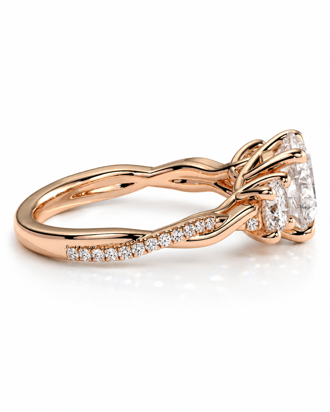 color_10K_RG, color_14K_RG &&Rose gold engagement ring with a large oval-cut center stone and pavé-set round stones along the shank, shown on a white background.