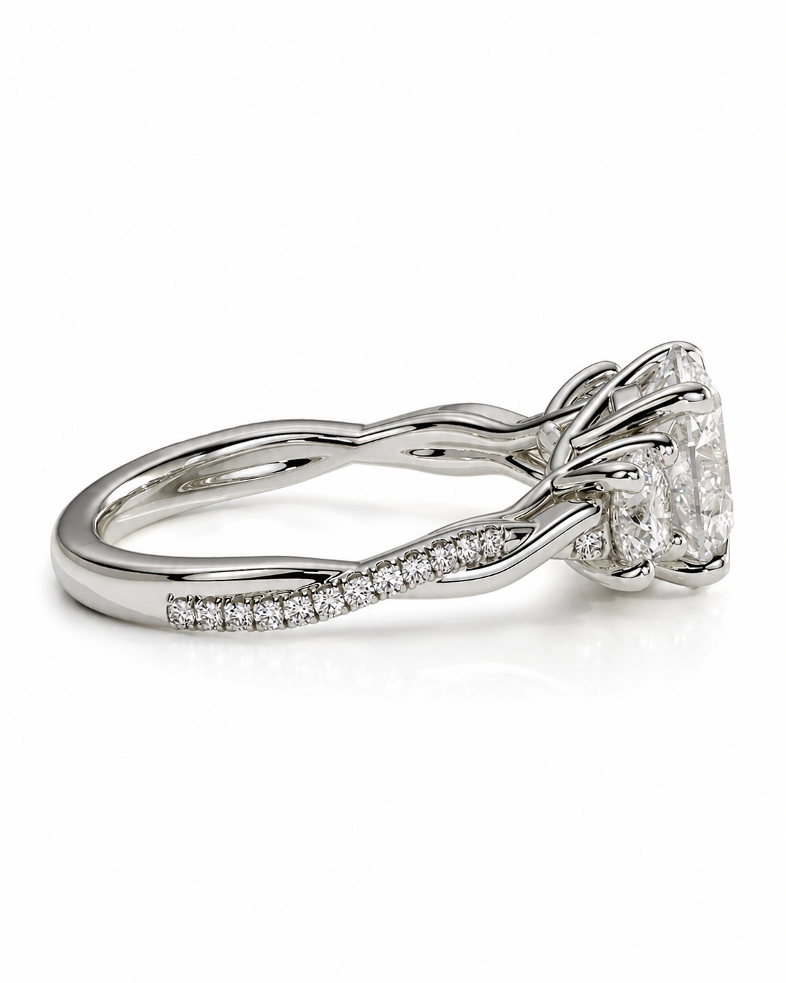 color_925_SIL,color_935_ARG,color_10K_WG, color_14K_WG &&A silver-toned diamond engagement ring with a twisted band and pavé accents, featuring a large emerald-cut center stone on a clean white background.