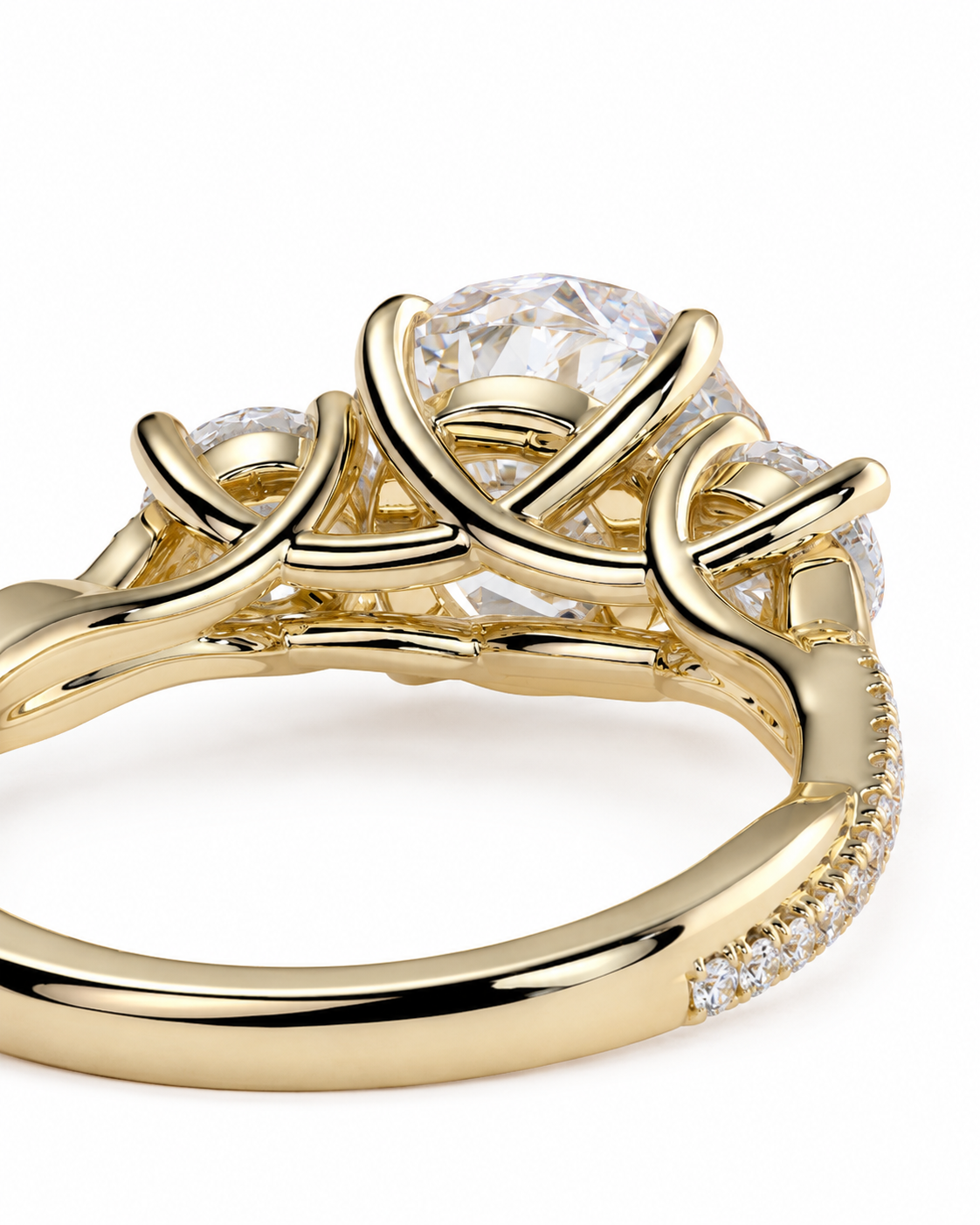 color_10K_YG, color_14K_YG &&A close-up shot of a yellow gold ring with a large round clear center stone and smaller accent stones, set against a plain white background.
