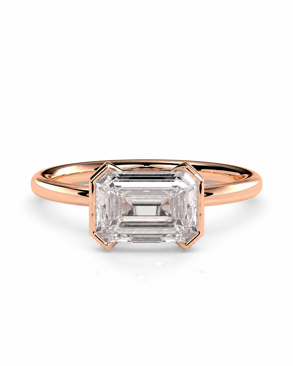color_10K_RG, color_14K_RG &&An emerald-cut diamond ring in a rose gold setting, shown on a clean white background.