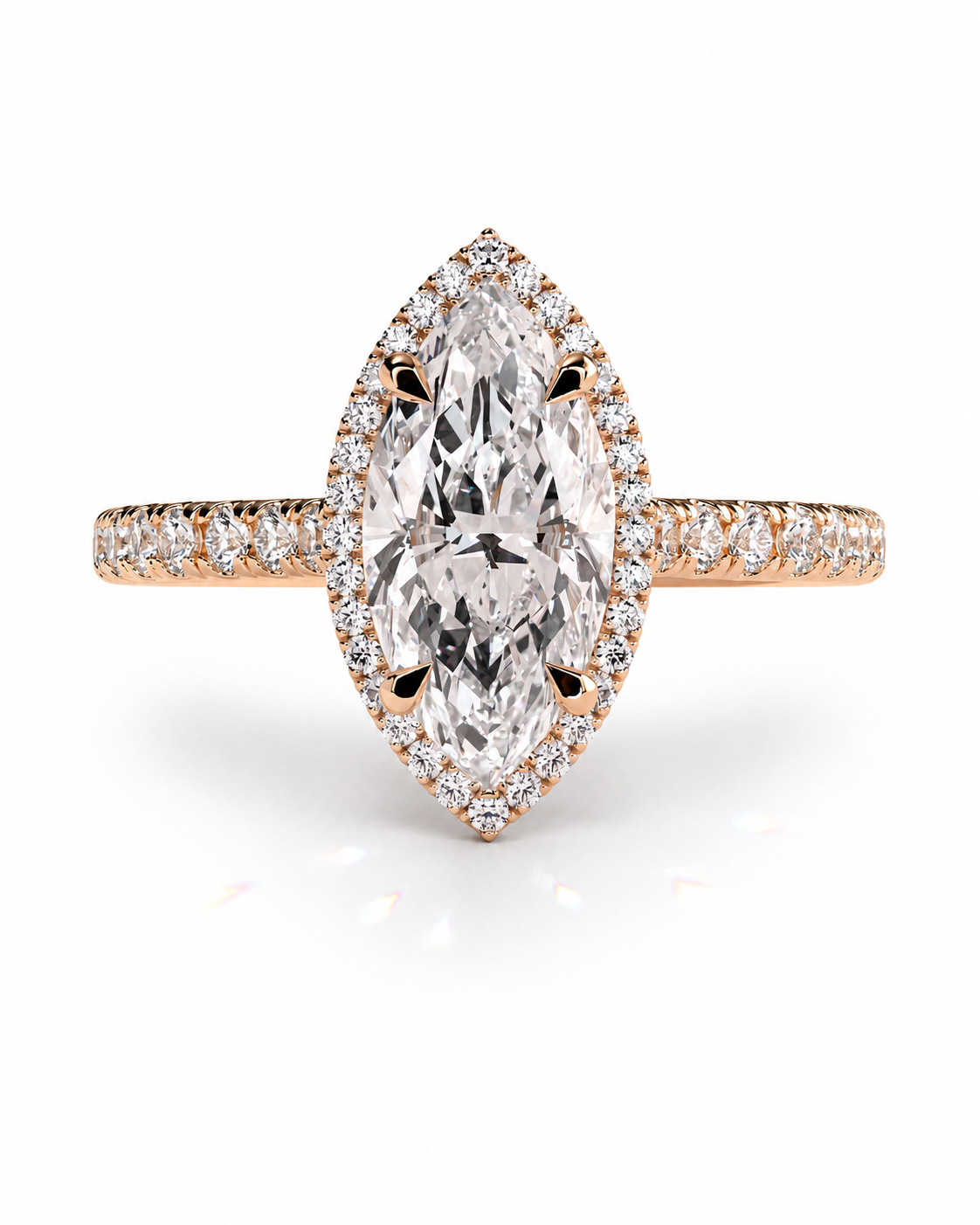 color_10K_RG, color_14K_RG &&A rose gold engagement ring featuring a large marquise-cut diamond center stone surrounded by a double halo of small diamonds, with a diamond-paved shank, shown on a clean white background.