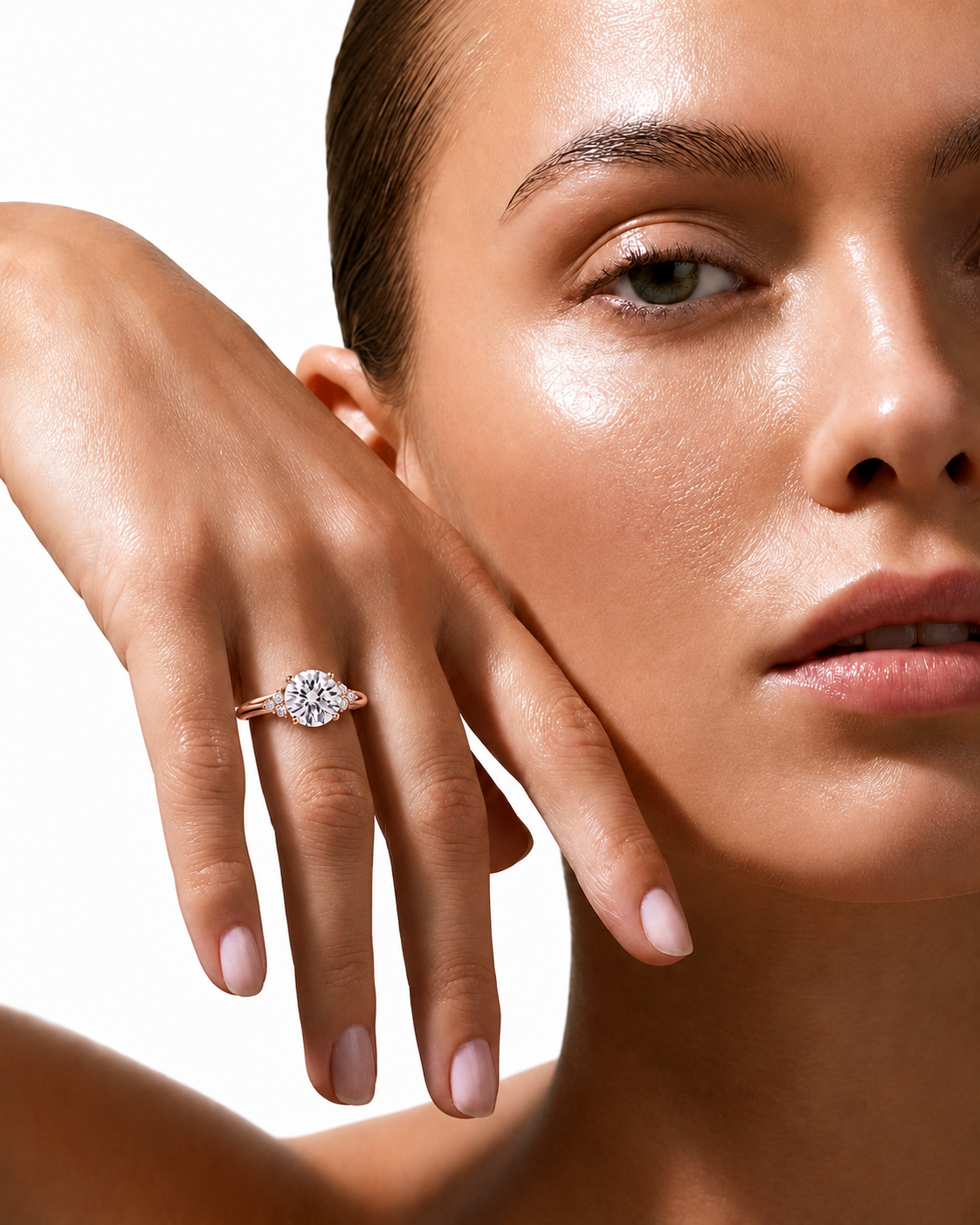 color_10K_RG, color_14K_RG &&A close-up lifestyle shot of a model wearing a rose gold ring with a round-cut diamond. The model's face and hand are shown against a clean white background.