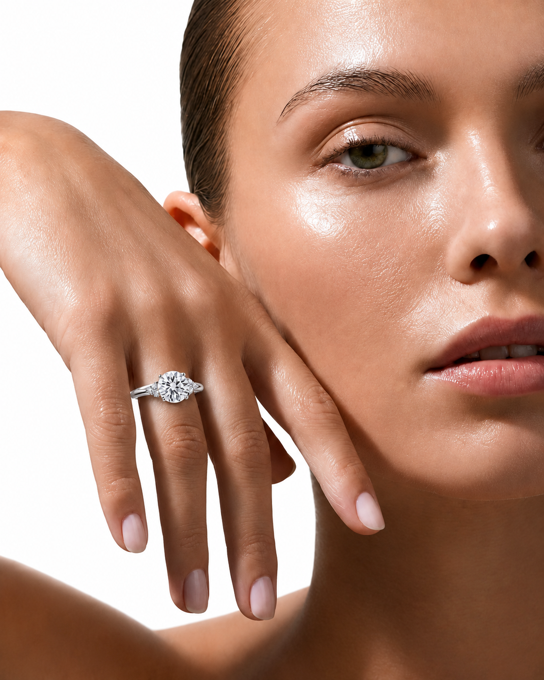 color_925_SIL,color_935_ARG,color_10K_WG, color_14K_WG &&A close-up lifestyle shot of a model wearing a silver marquise-cut diamond ring on her finger, with her hand resting against her cheek against a clean white background.