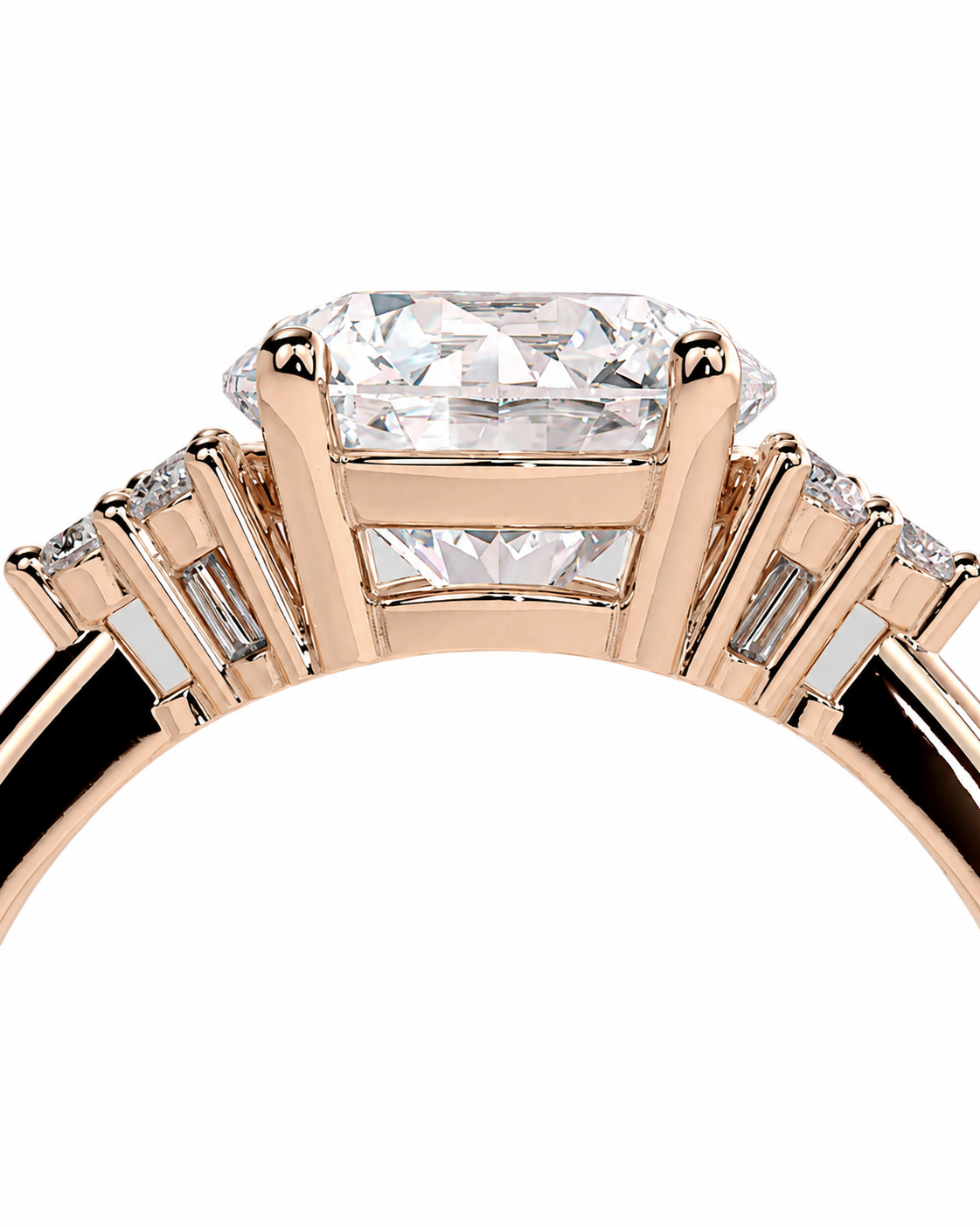 color_10K_RG, color_14K_RG &&Rose gold ring with a large rectangular clear center stone and smaller baguette side stones, shown on a white background.