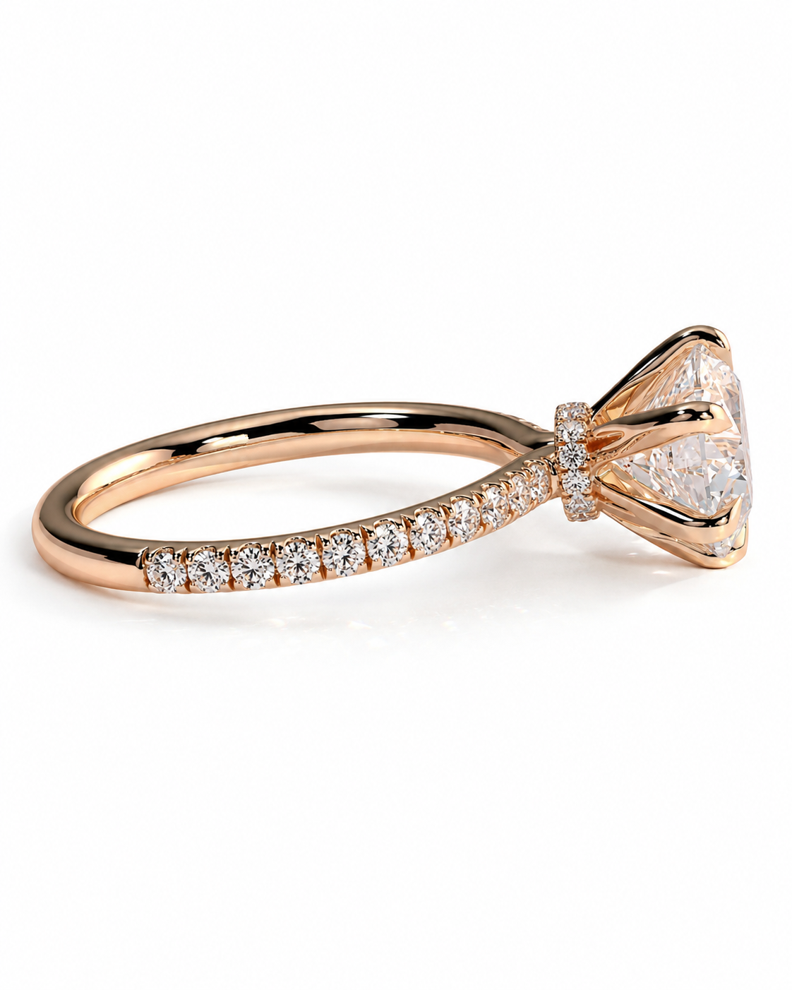 color_10K_RG, color_14K_RG &&A rose gold engagement ring featuring a large round brilliant-cut center stone and a pavé band with small round stones, shown on a clean white background.