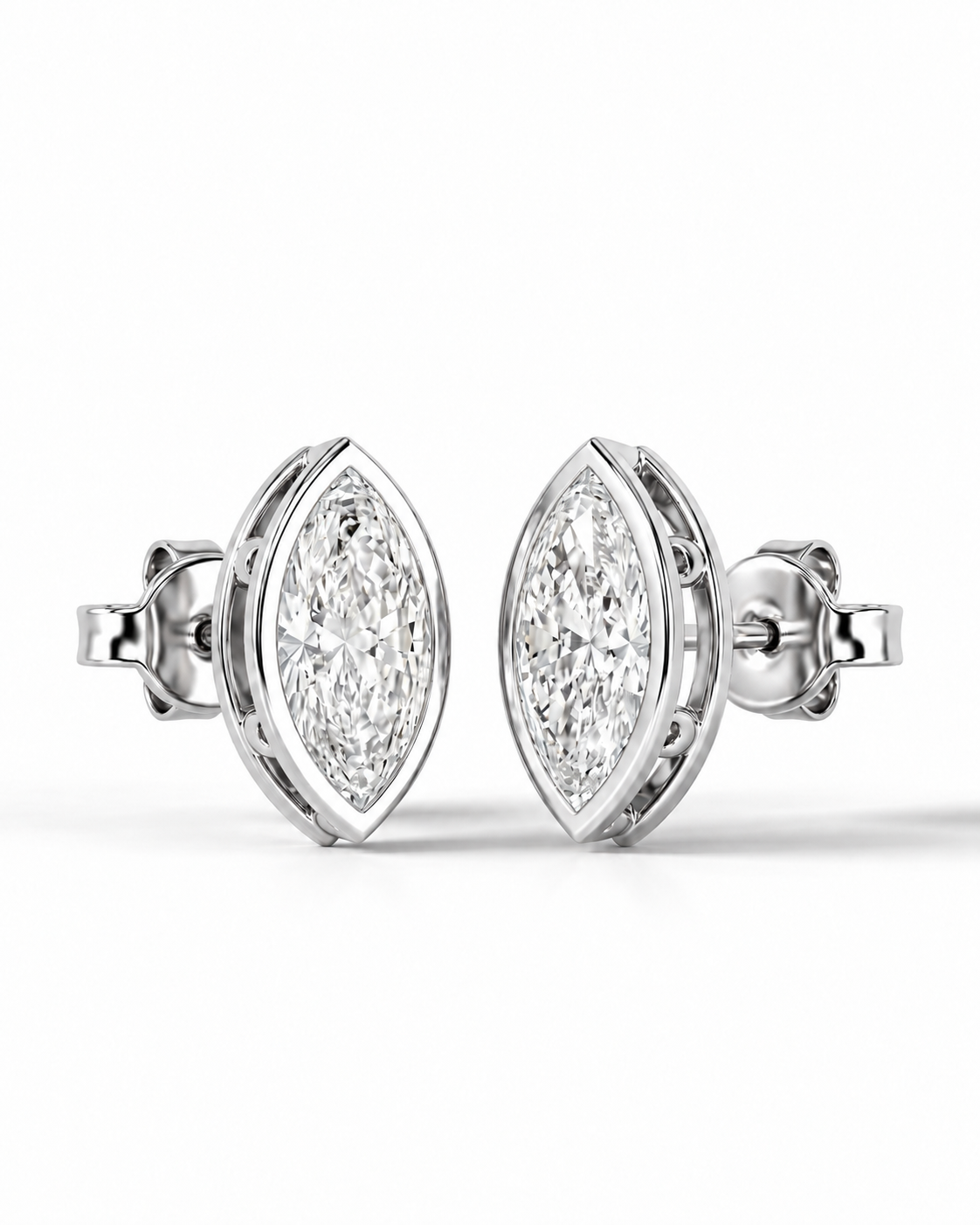 color_925_SIL,color_935_ARG,color_10K_WG, color_14K_WG &&A pair of silver-toned stud earrings with marquise-cut diamond centers and round diamonds in a halo setting, shown on a clean white background.