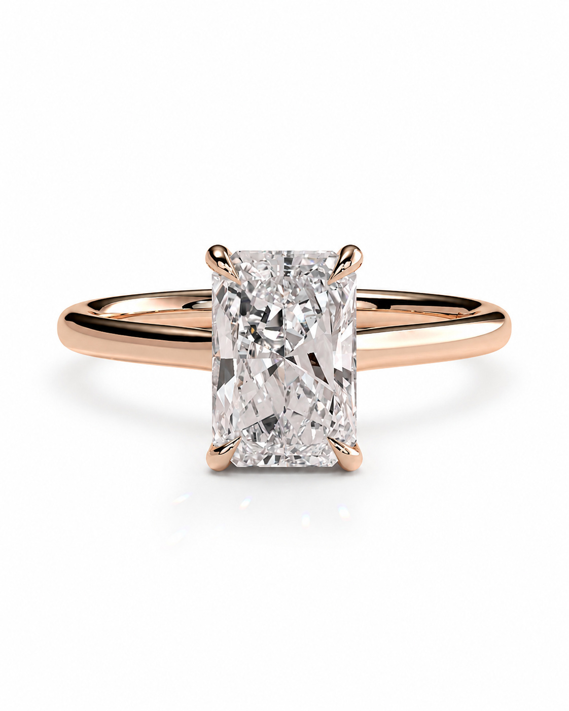 color_10K_RG, color_14K_RG &&A radiant cut diamond engagement ring in a rose gold band, shown on a clean white background.