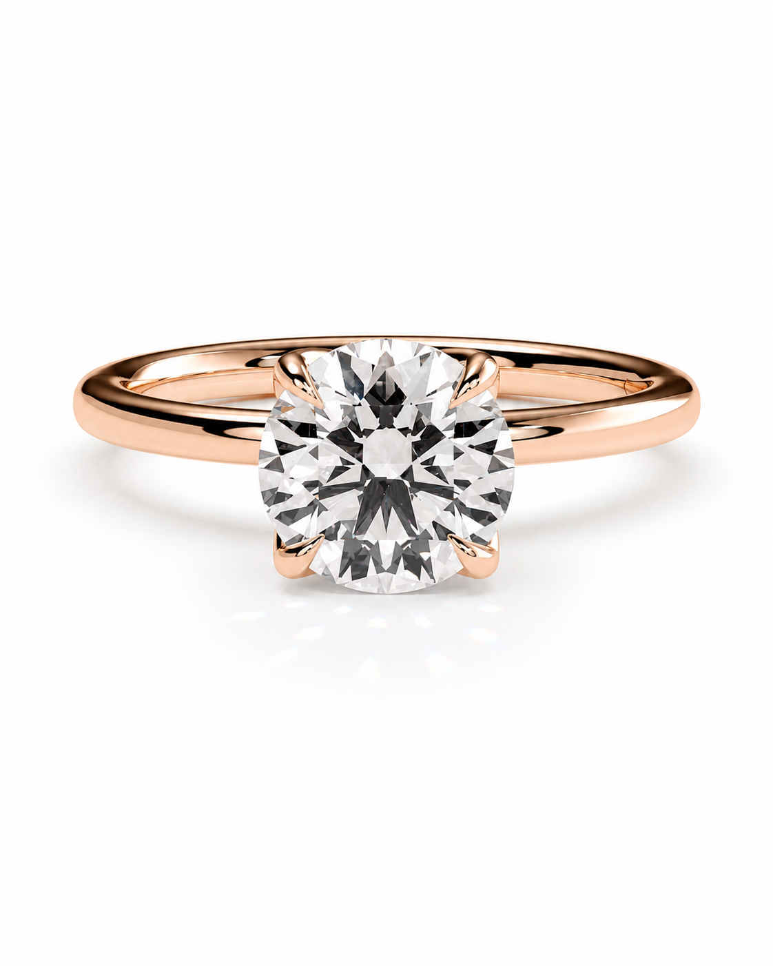 color_10K_RG, color_14K_RG &&A classic solitaire engagement ring featuring a round brilliant-cut diamond set in a polished rose gold band, shown against a clean white background.