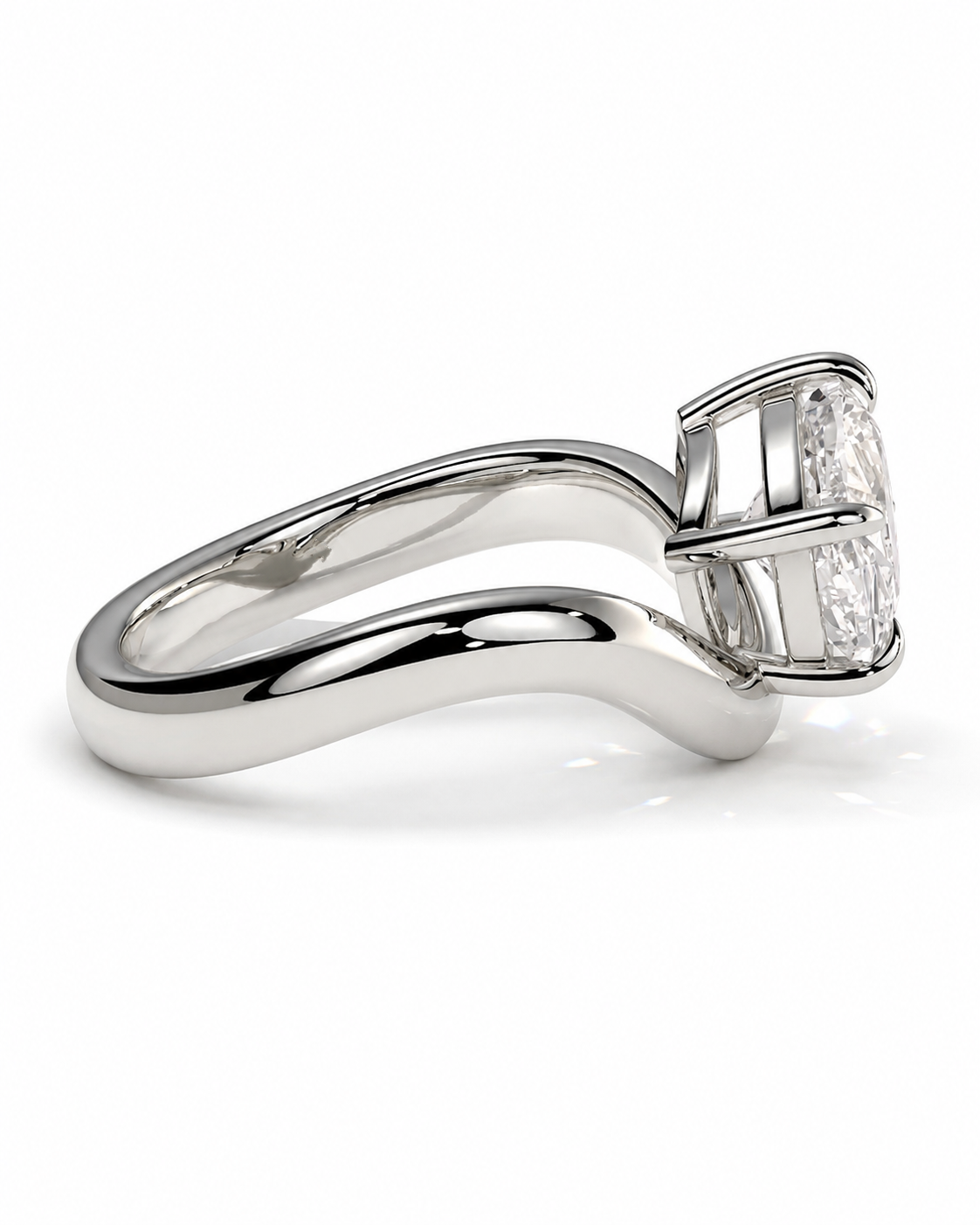 color_925_SIL,color_935_ARG,color_10K_WG, color_14K_WG &&A polished silver-tone split-shank ring featuring a large oval-cut clear gemstone in a prong setting, shown on a clean white background.