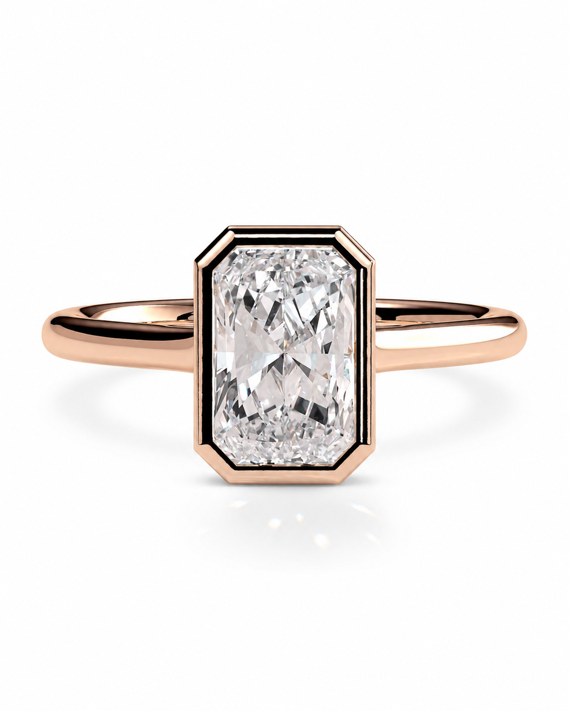color_10K_RG, color_14K_RG &&An emerald-cut diamond ring in a rose gold setting with a polished band, shown on a clean white background.
