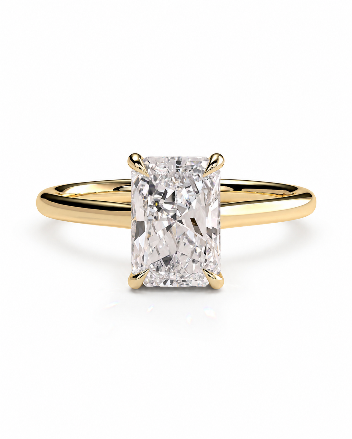 color_10K_YG, color_14K_YG &&A classic yellow gold engagement ring featuring a large rectangular radiant-cut diamond center stone in a four-prong setting, shown on a clean white background.