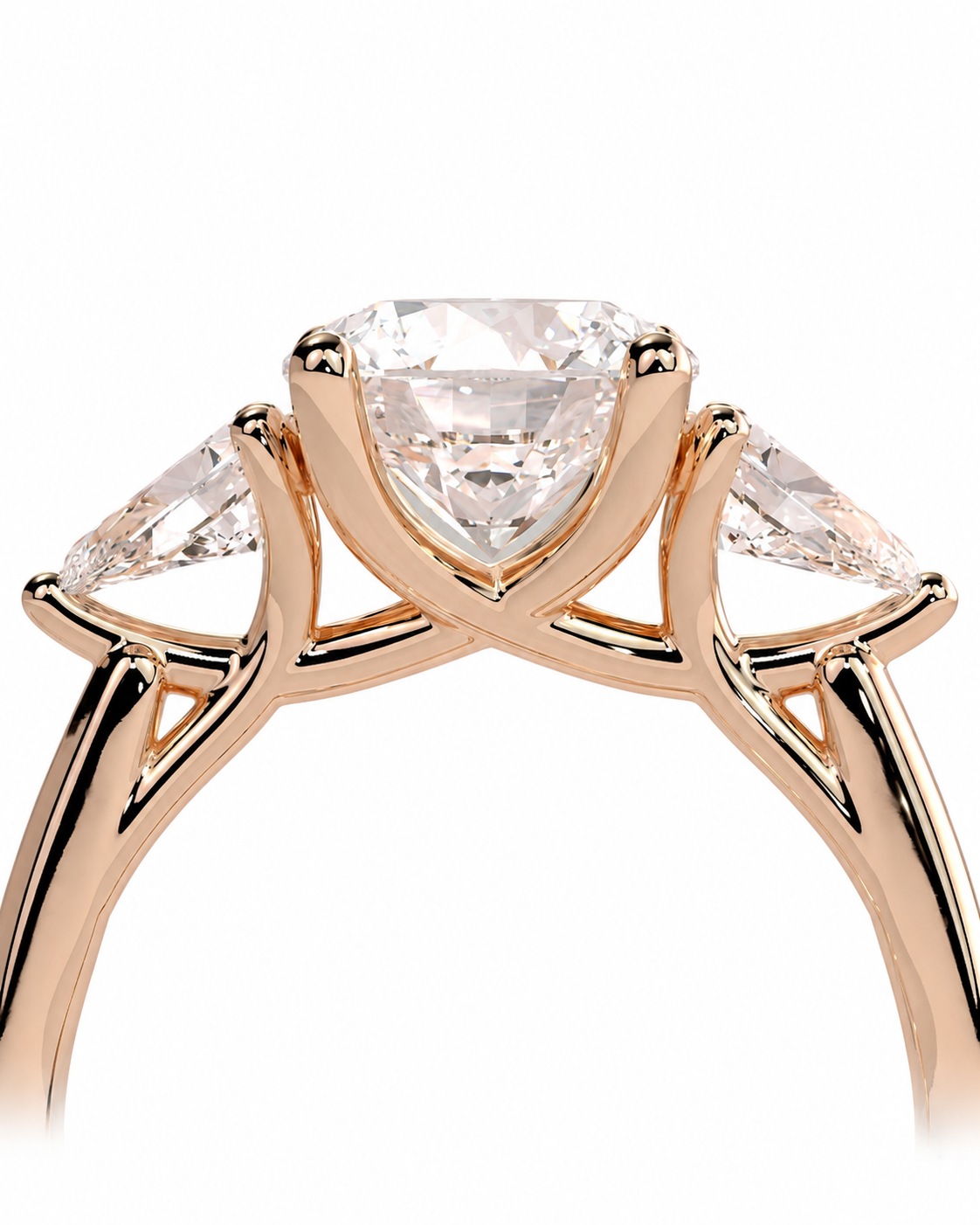color_10K_RG, color_14K_RG &&
Rose gold engagement ring featuring a large round brilliant-cut center stone and two marquise-cut side stones, shown against a plain white background.